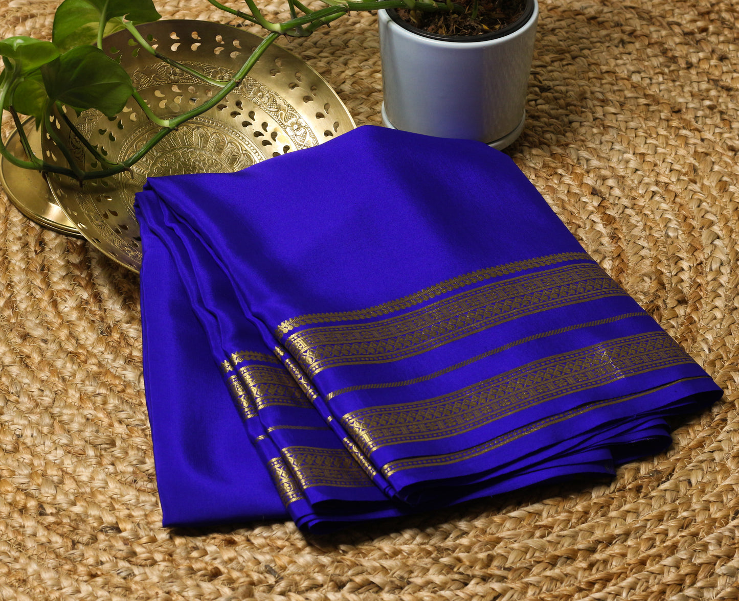 Royal Blue Mysore Silk Crepe Saree with Gold Zari Striped Border