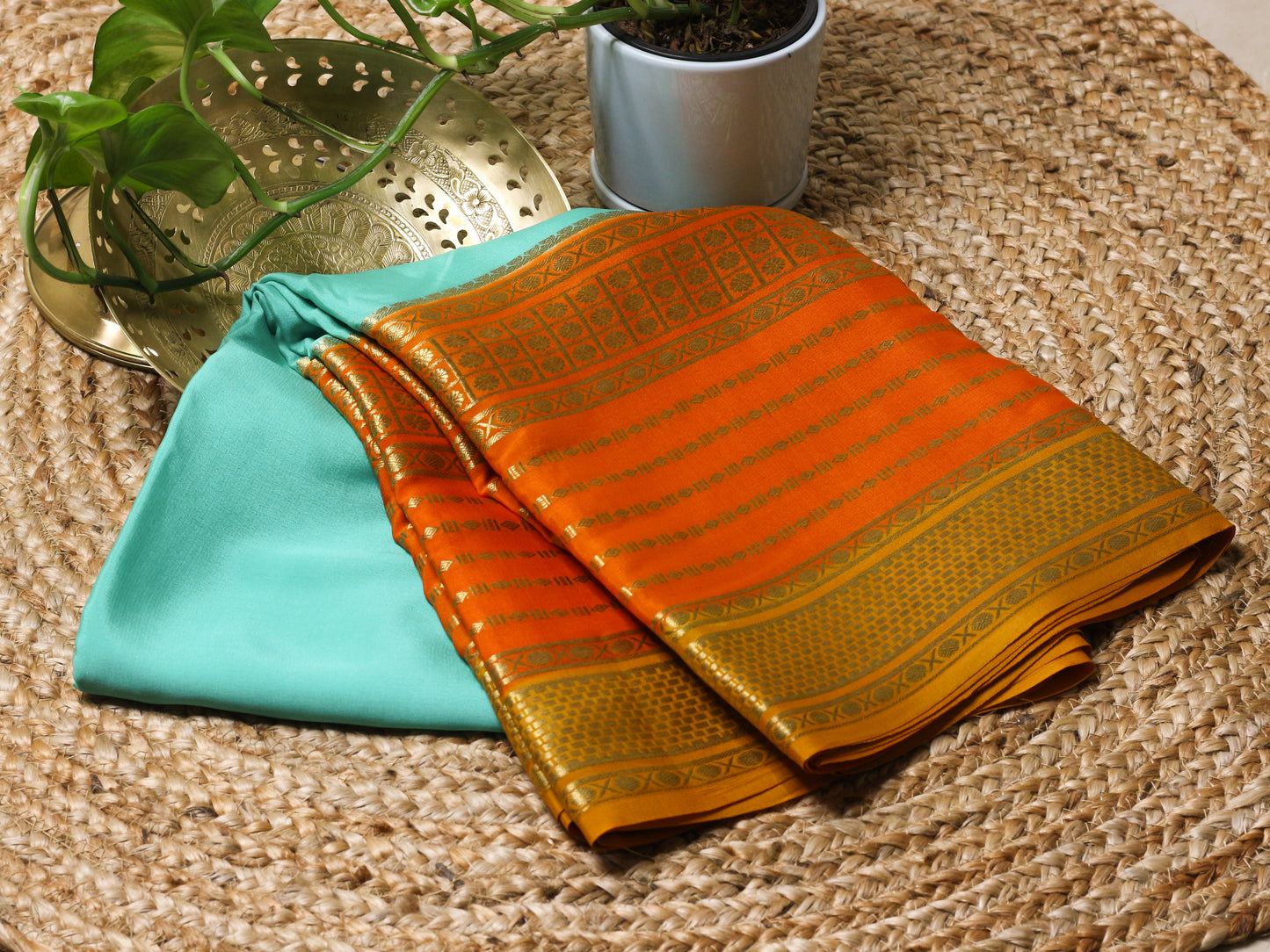 Pure Mysore Silk Crepe Saree in Rama Green with Orange-Gold Zari Border – 120 GSM | Silk Mark Certified