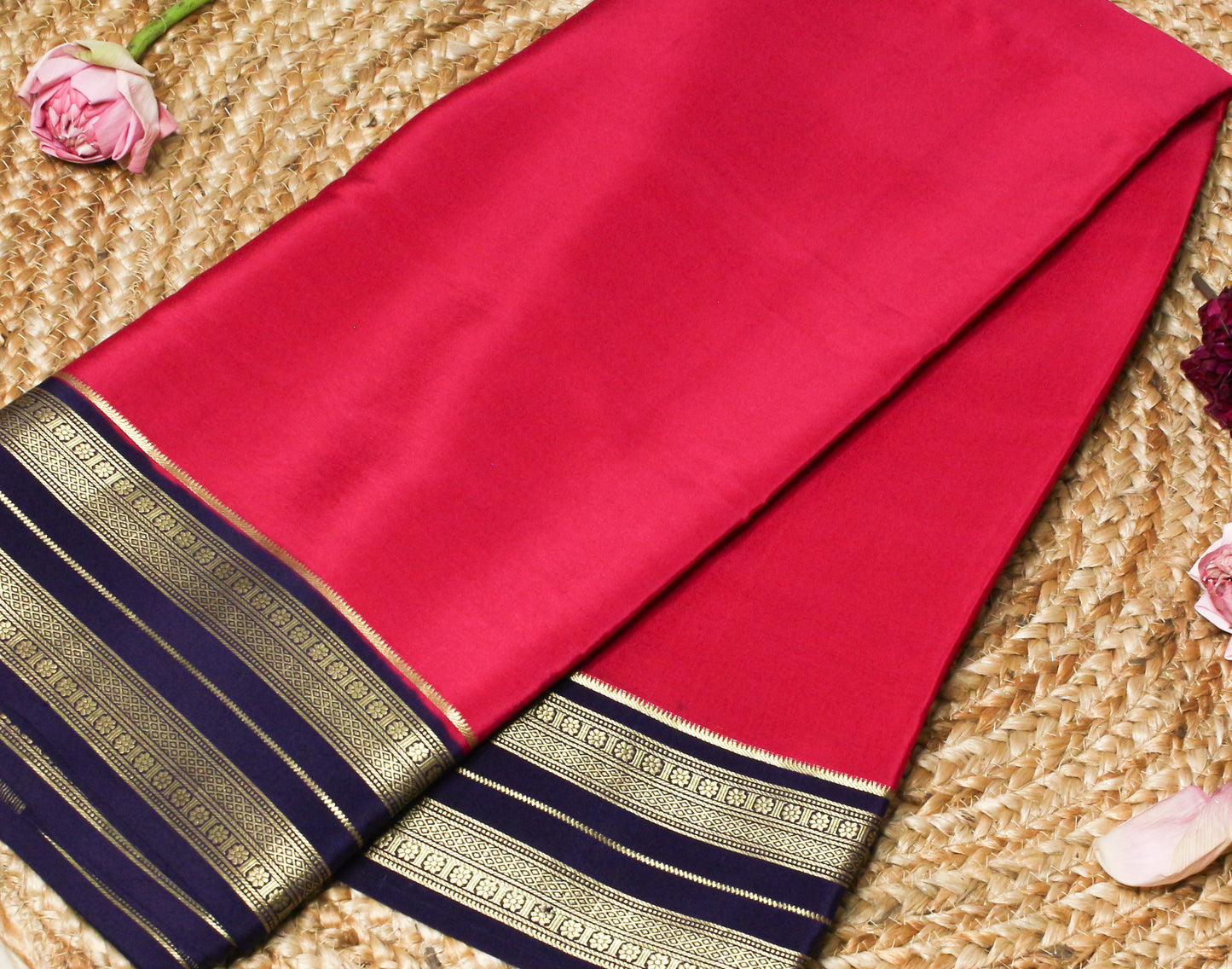 Rani pink Mysore Silk Crepe Saree with Navy & Gold Zari vintage Border