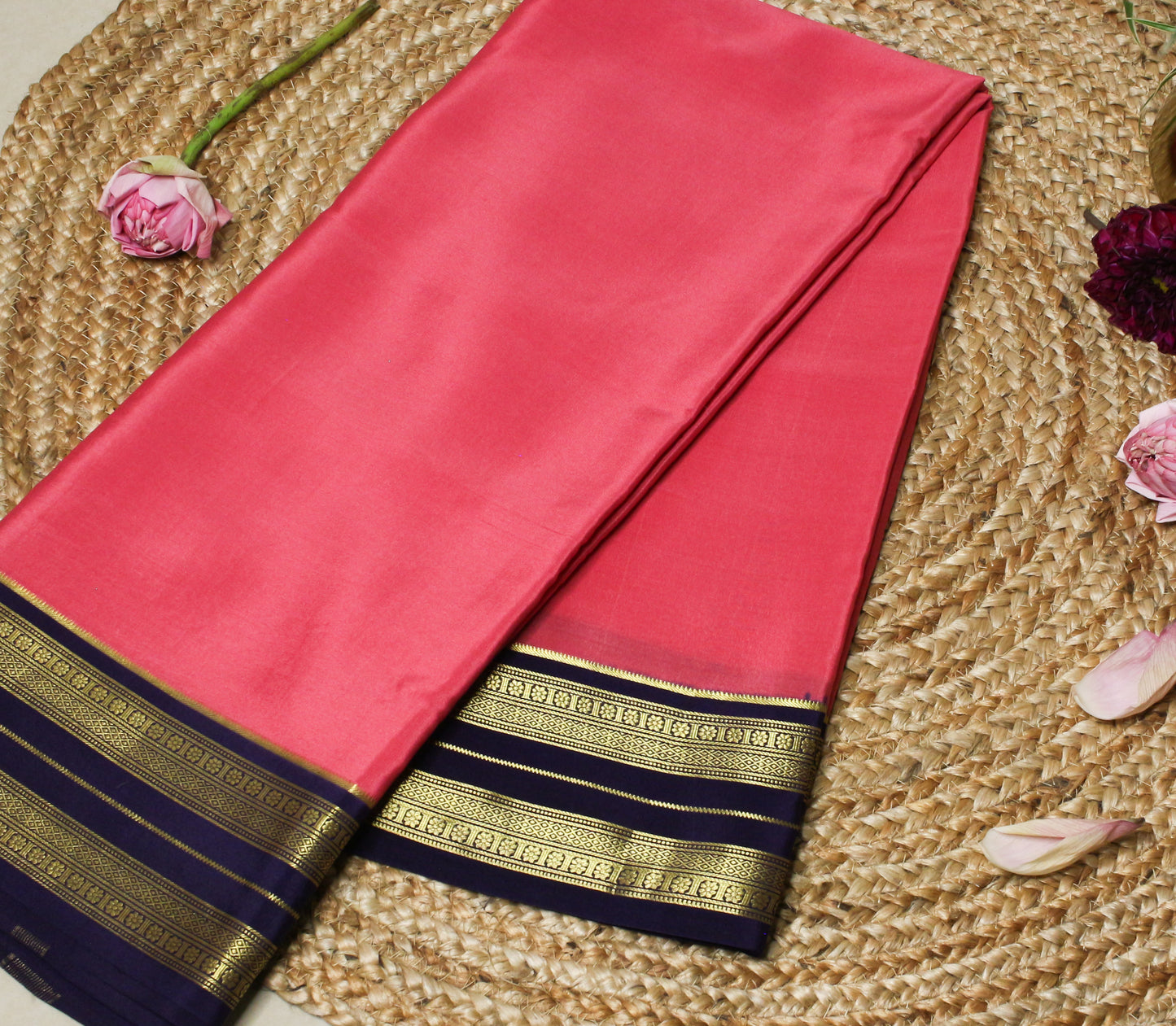 Peach-Pink Mysore Silk Crepe Saree with Navy & Gold antique Zari Border