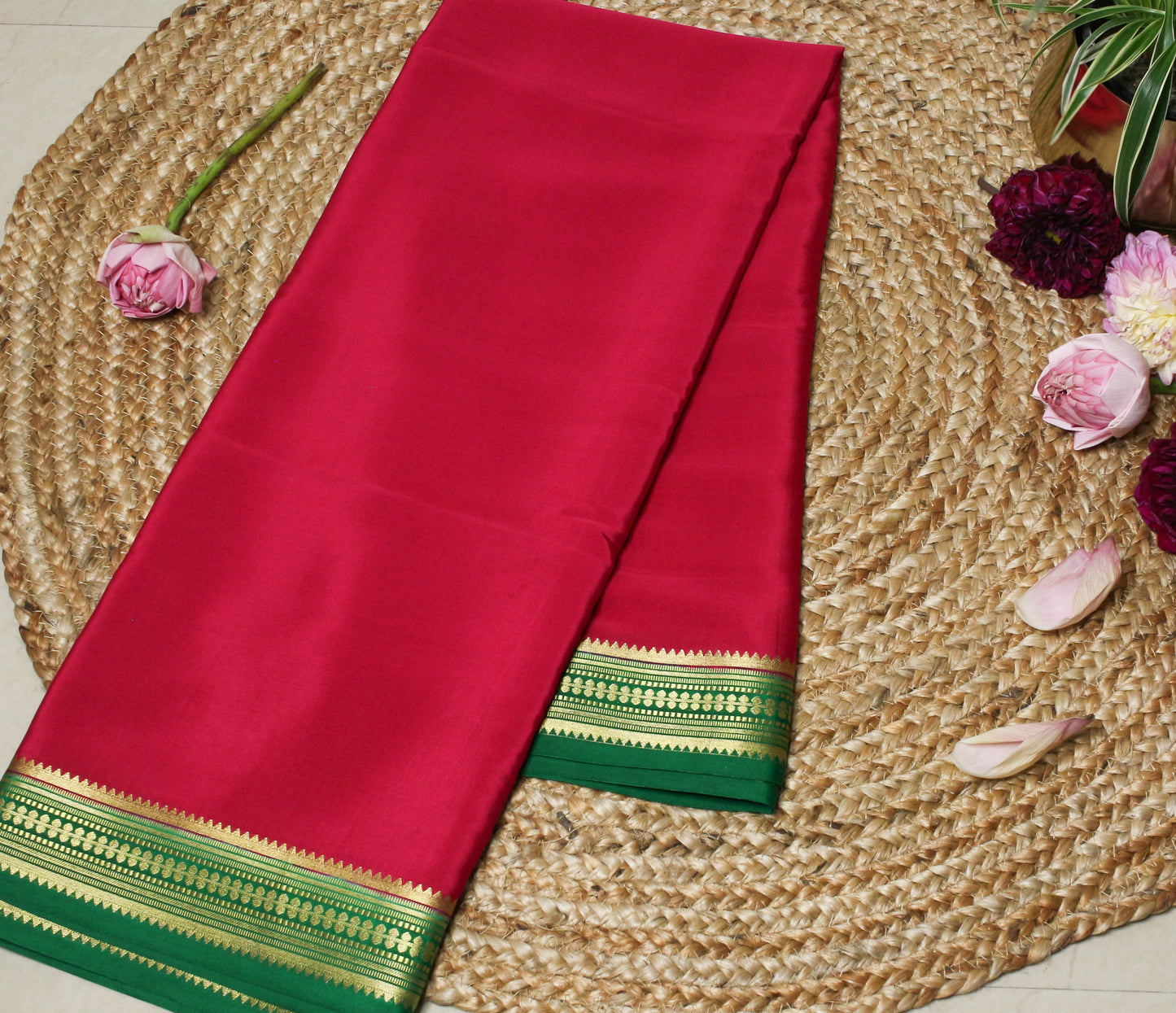 Pink Mysore Silk Crepe Saree with Green & Gold Zari Border