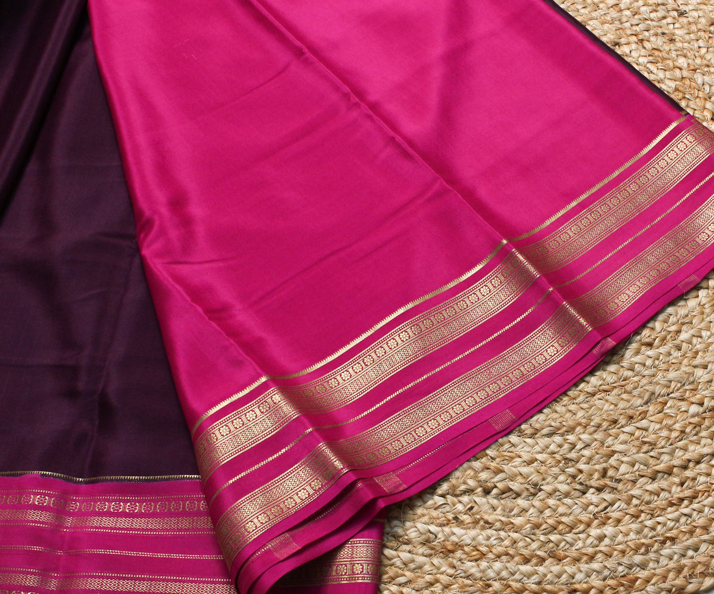 Wine colour Mysore Silk Crepe Saree with Rani pink antique border