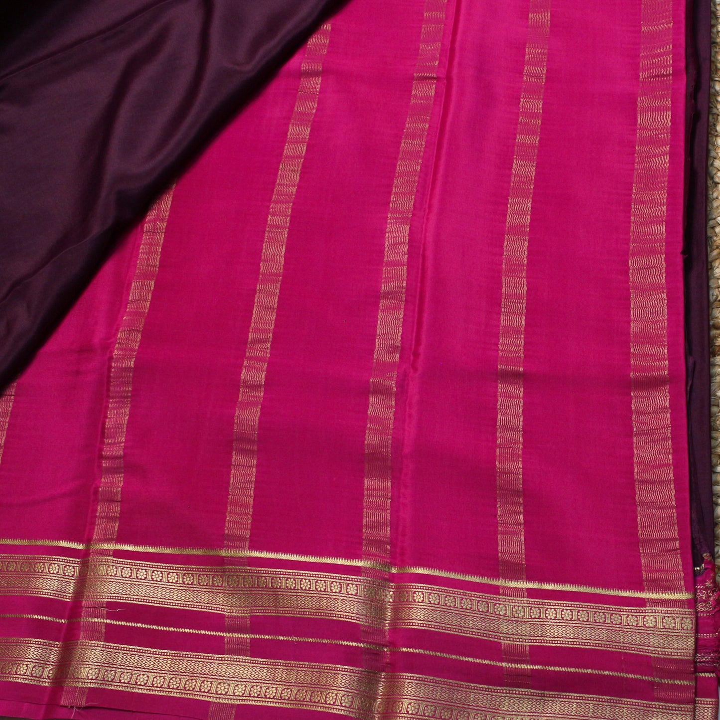 Wine colour Mysore Silk Crepe Saree with Rani pink antique border