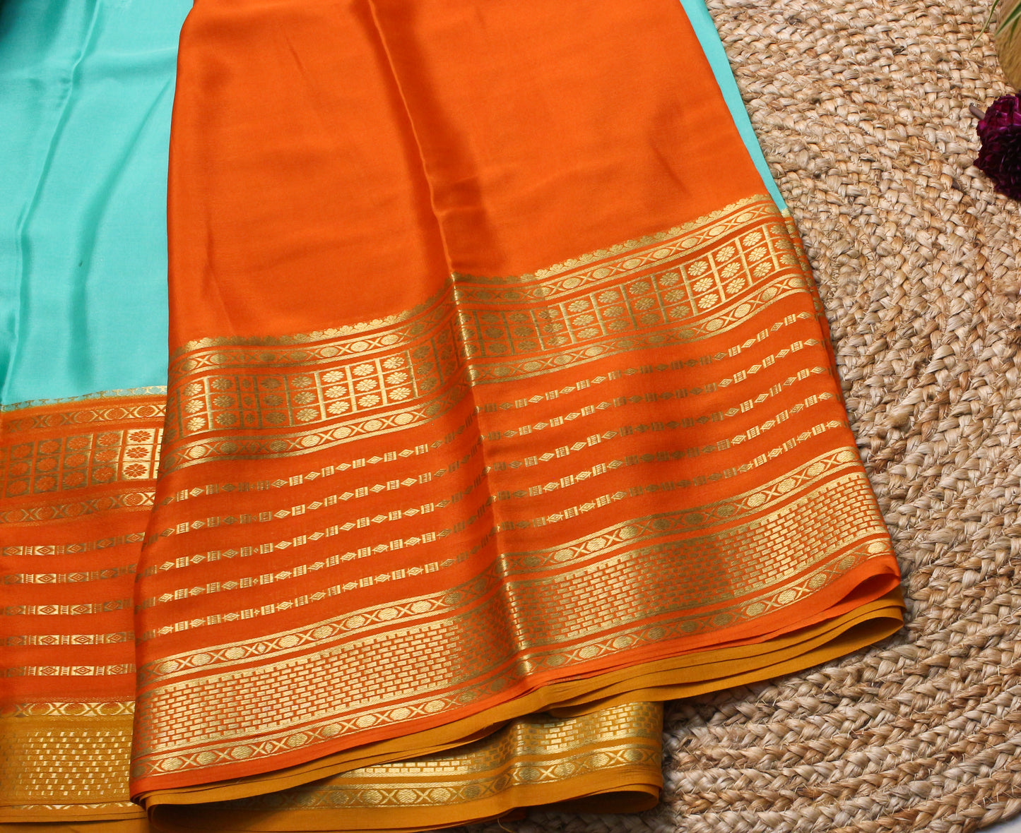Pure Mysore Silk Crepe Saree in Rama Green with Orange-Gold Zari Border – 120 GSM | Silk Mark Certified