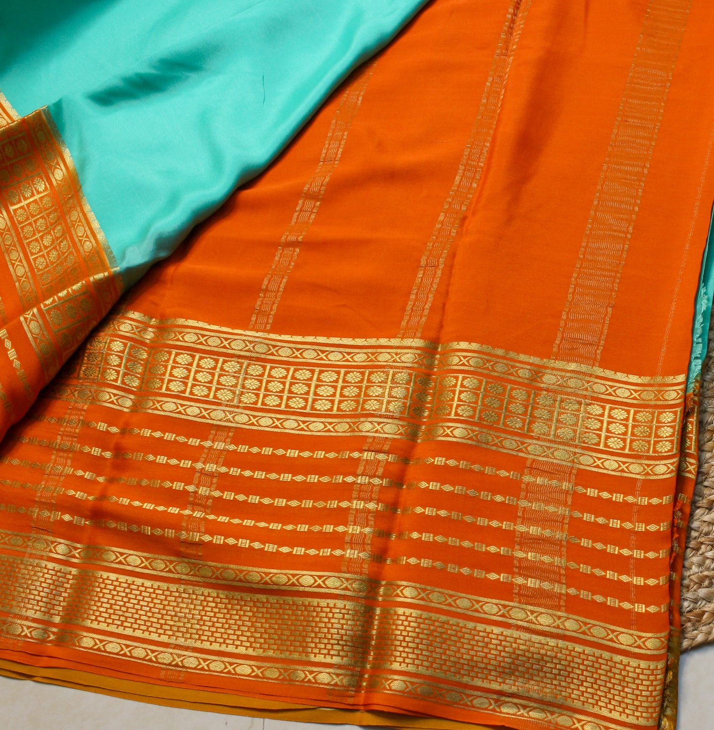 Pure Mysore Silk Crepe Saree in Rama Green with Orange-Gold Zari Border – 120 GSM | Silk Mark Certified