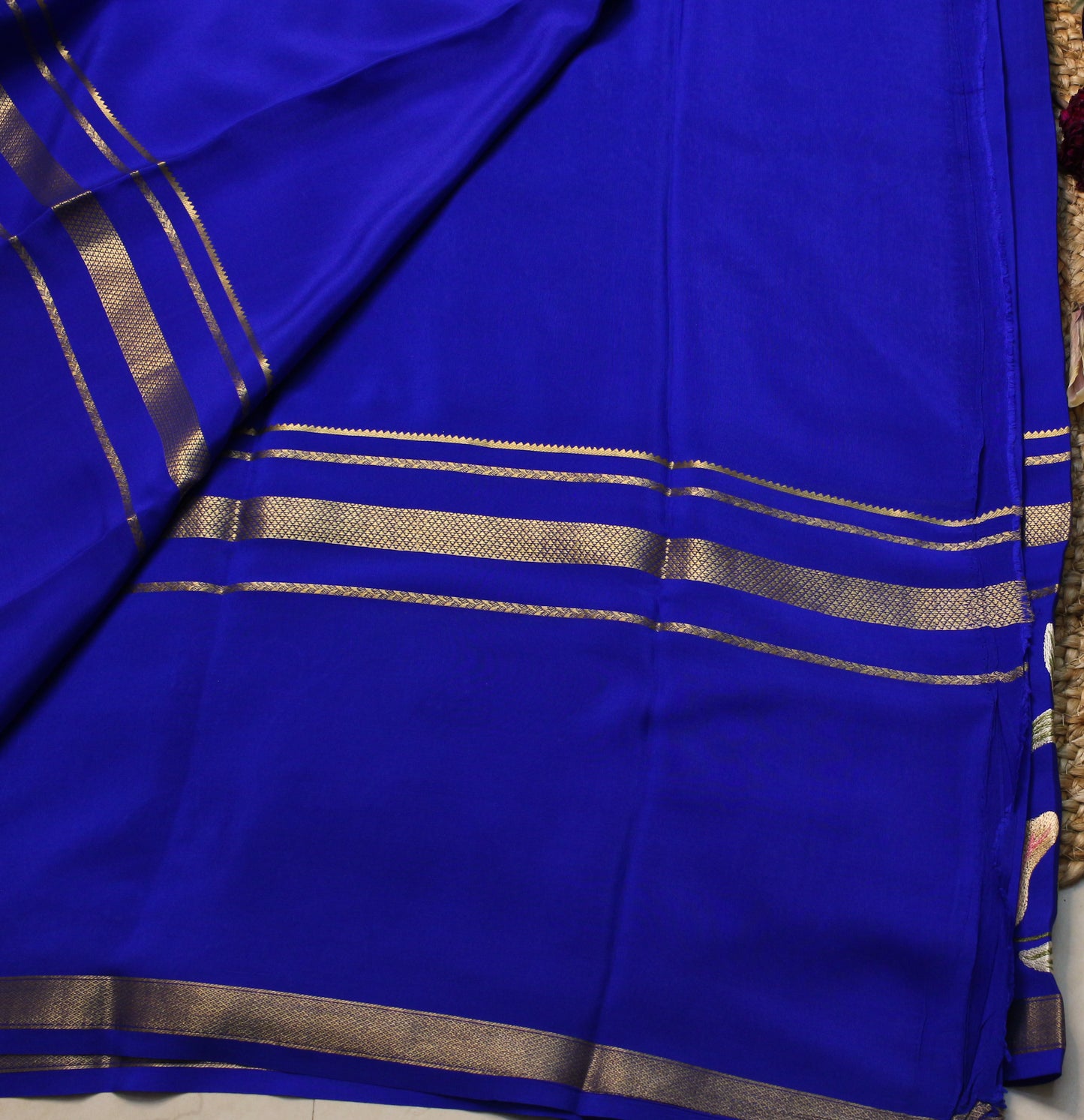 Royal Blue Mysore Silk Crepe Saree with Pastel Floral Embroidery