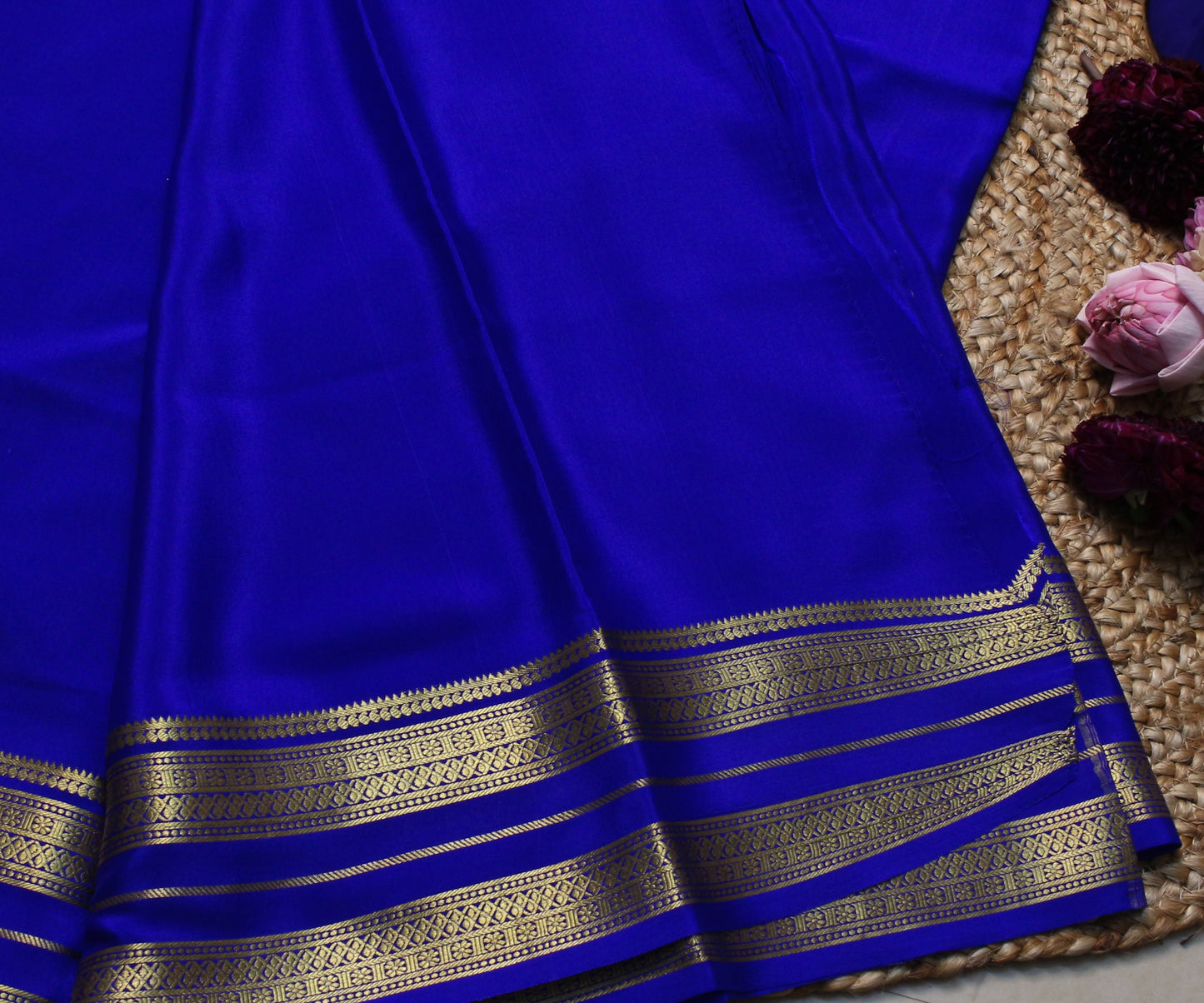 Royal Blue Mysore Silk Crepe Saree with Gold Zari Striped Border