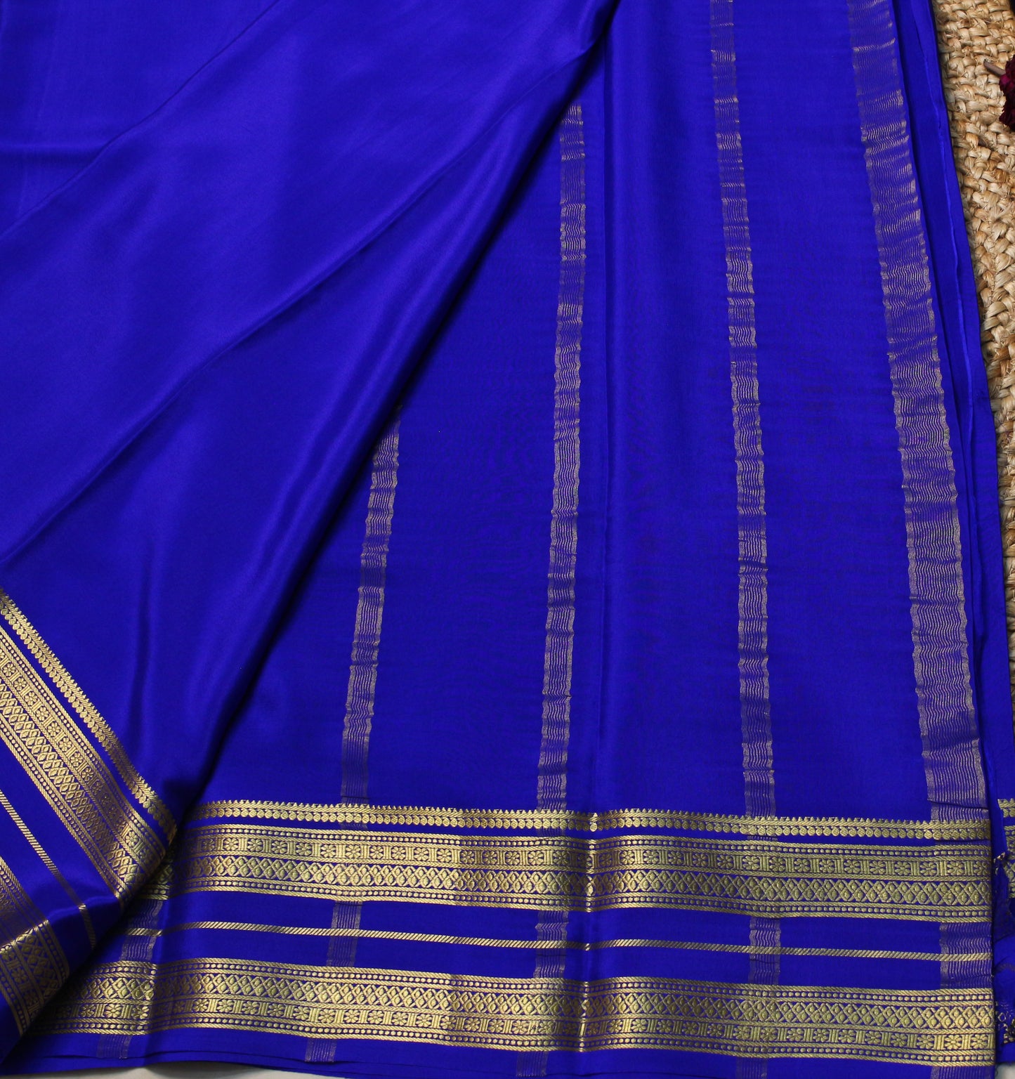 Royal Blue Mysore Silk Crepe Saree with Gold Zari Striped Border