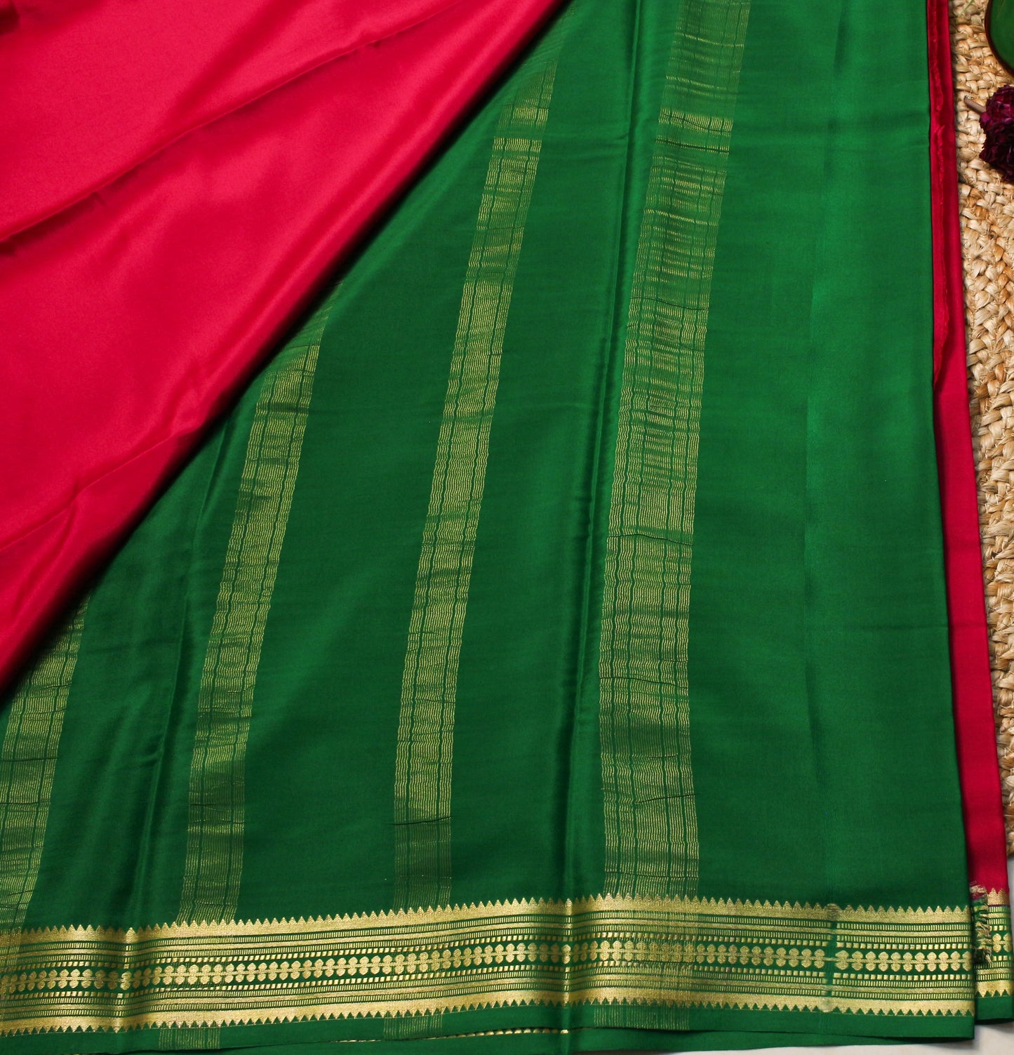 Pink Mysore Silk Crepe Saree with Green & Gold Zari Border