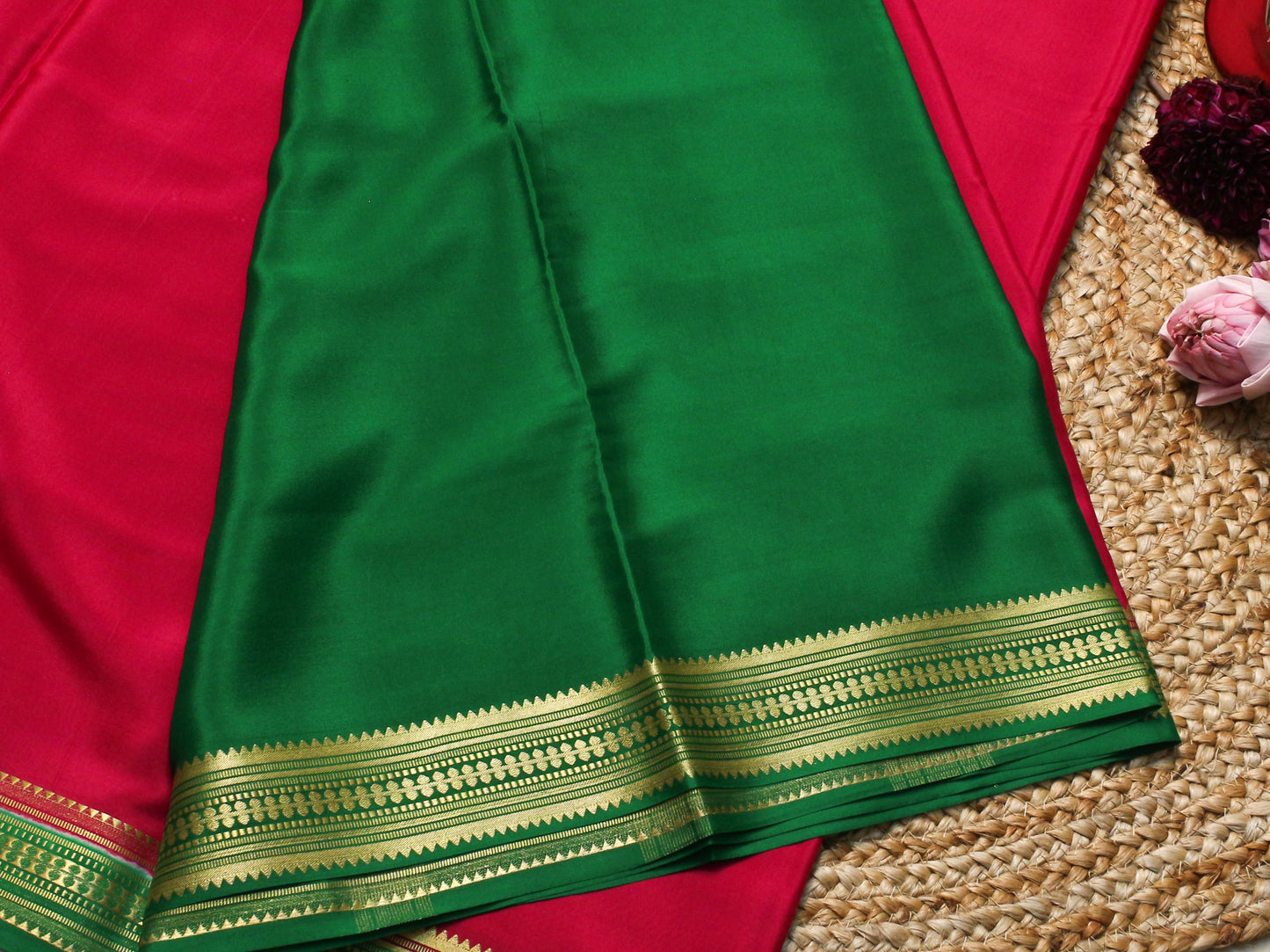 Pink Mysore Silk Crepe Saree with Green & Gold Zari Border