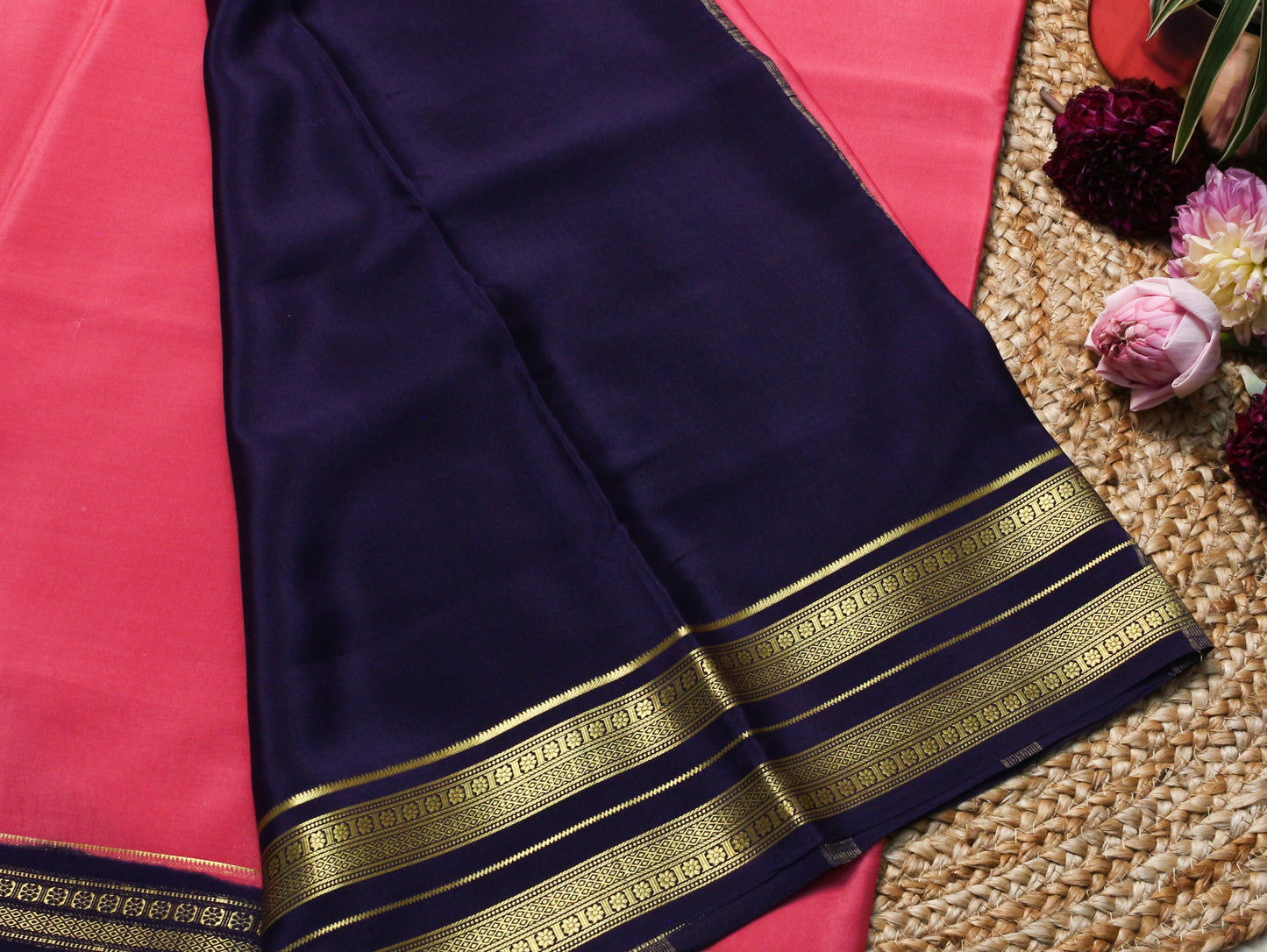 Peach-Pink Mysore Silk Crepe Saree with Navy & Gold antique Zari Border