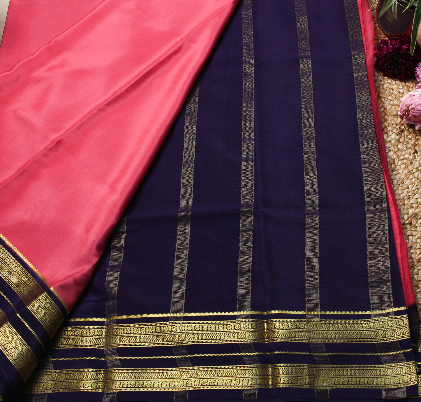 Peach-Pink Mysore Silk Crepe Saree with Navy & Gold antique Zari Border