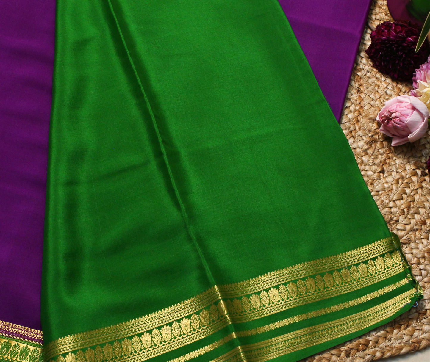 Royal Purple Mysore Silk Crepe Saree with Green & Gold Zari Border