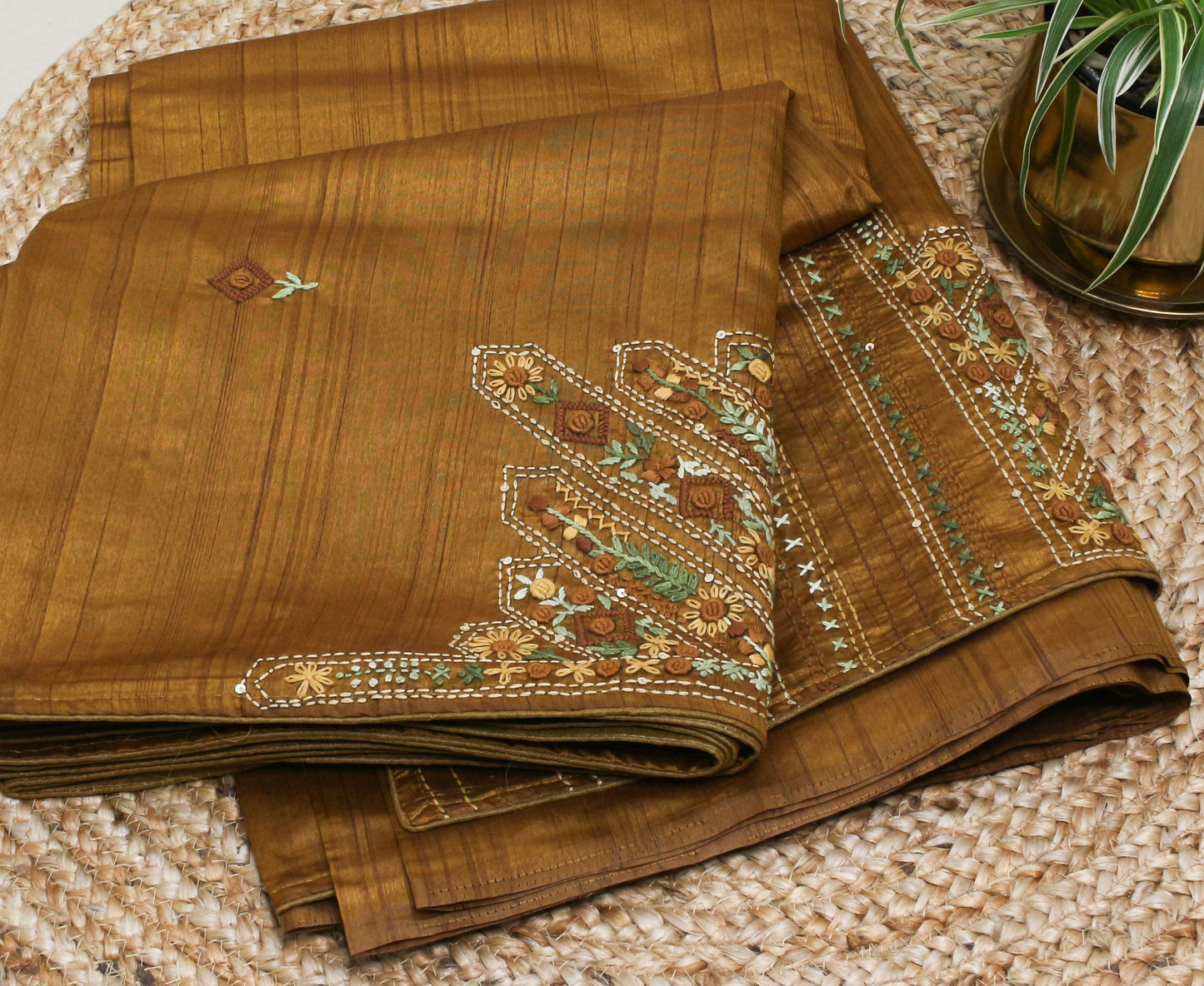 Mustard Brown Tussar Saree with Floral Embroidery