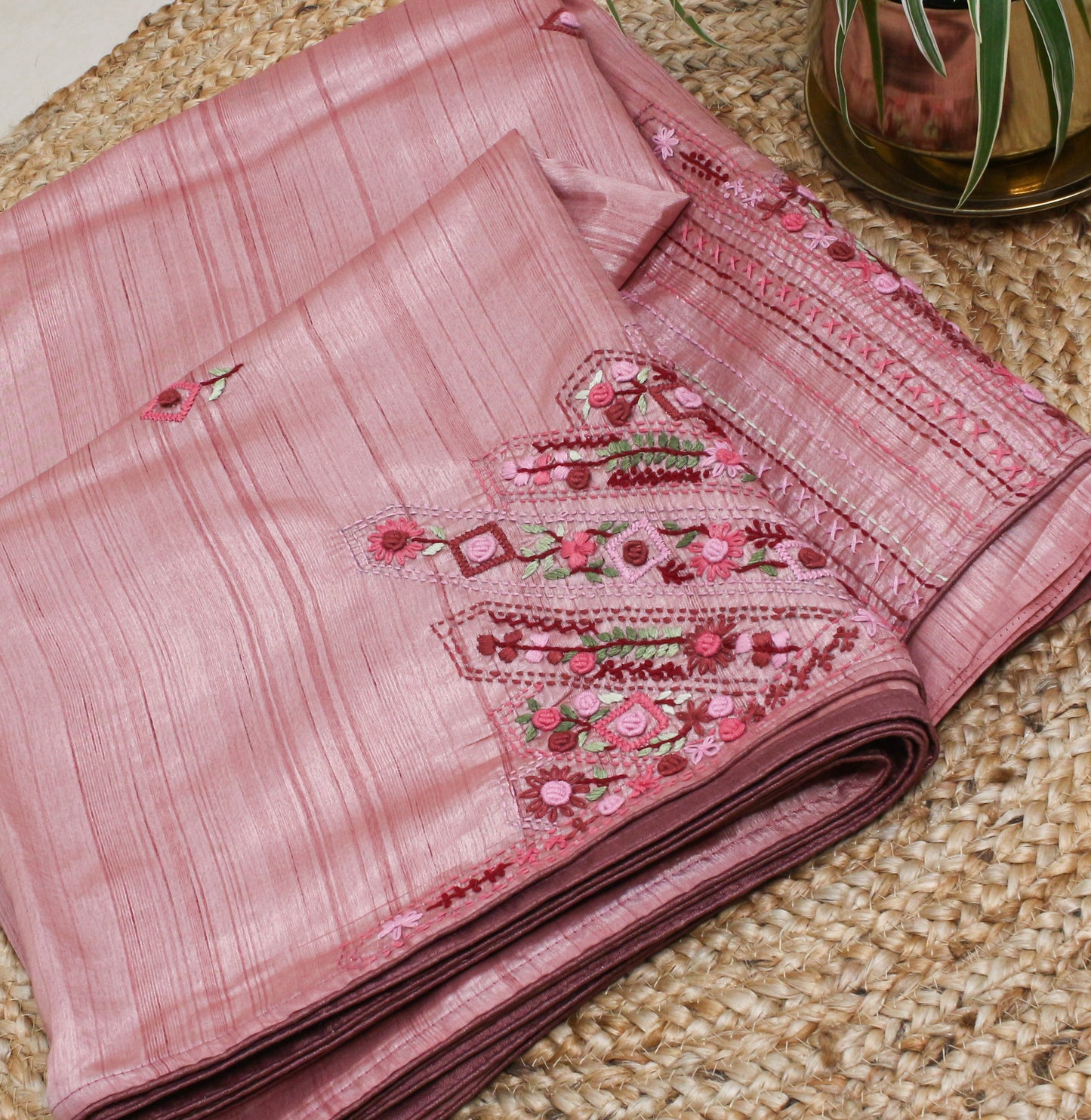 Pink Tussar Saree with Floral hand Embroidery