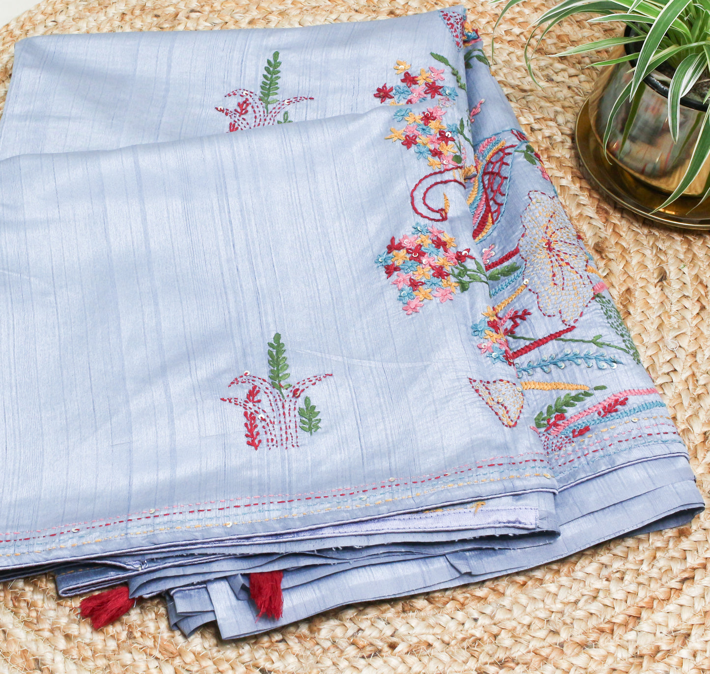 Elegant Handmade Thread Work sky Blue Saree – Floral Embroidery on Tussar