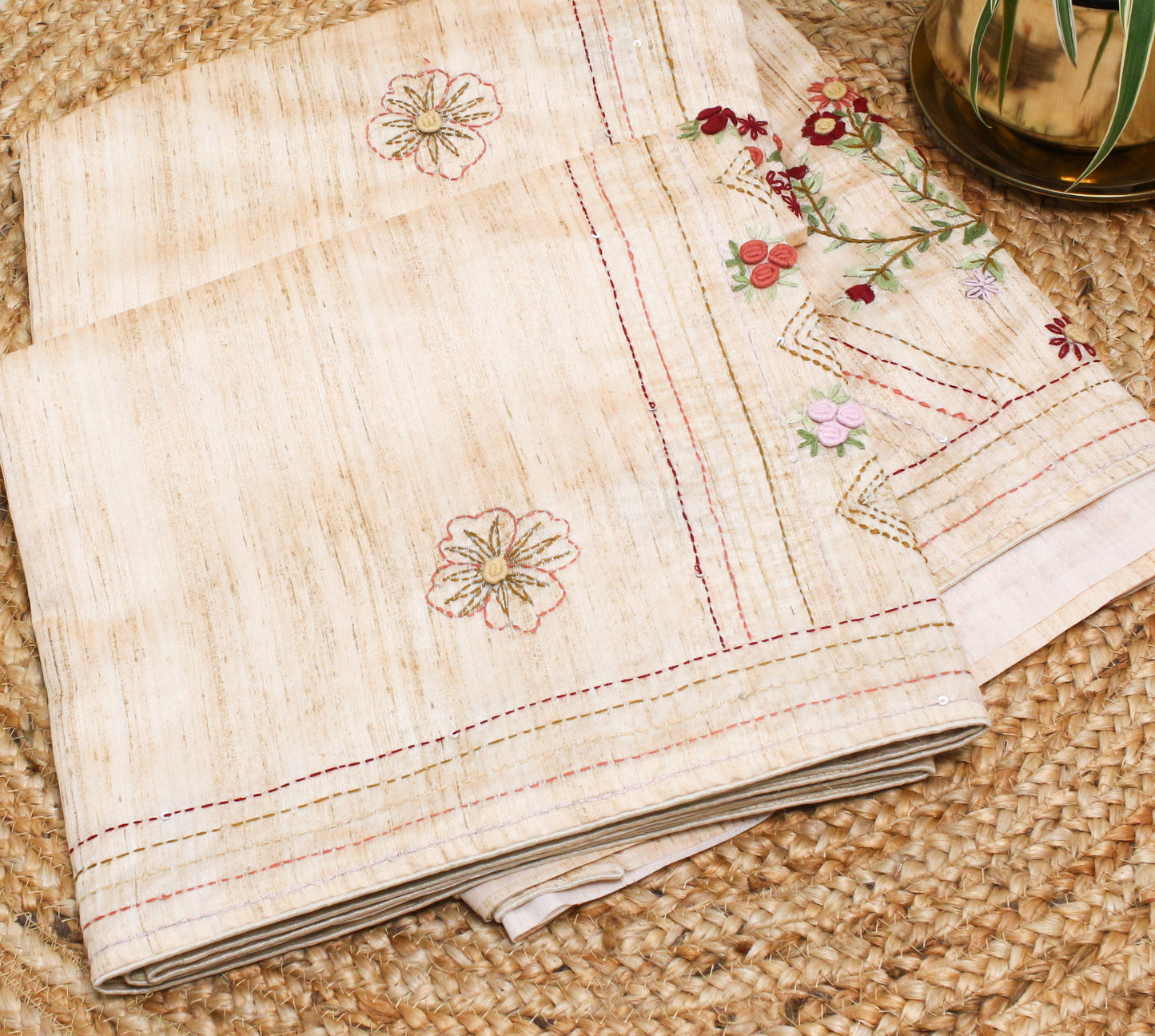 Elegant Handmade Thread Work sky Cream Saree – Floral Embroidery on Tussar