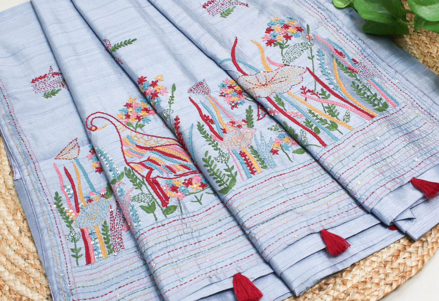 Elegant Handmade Thread Work sky Blue Saree – Floral Embroidery on Tussar