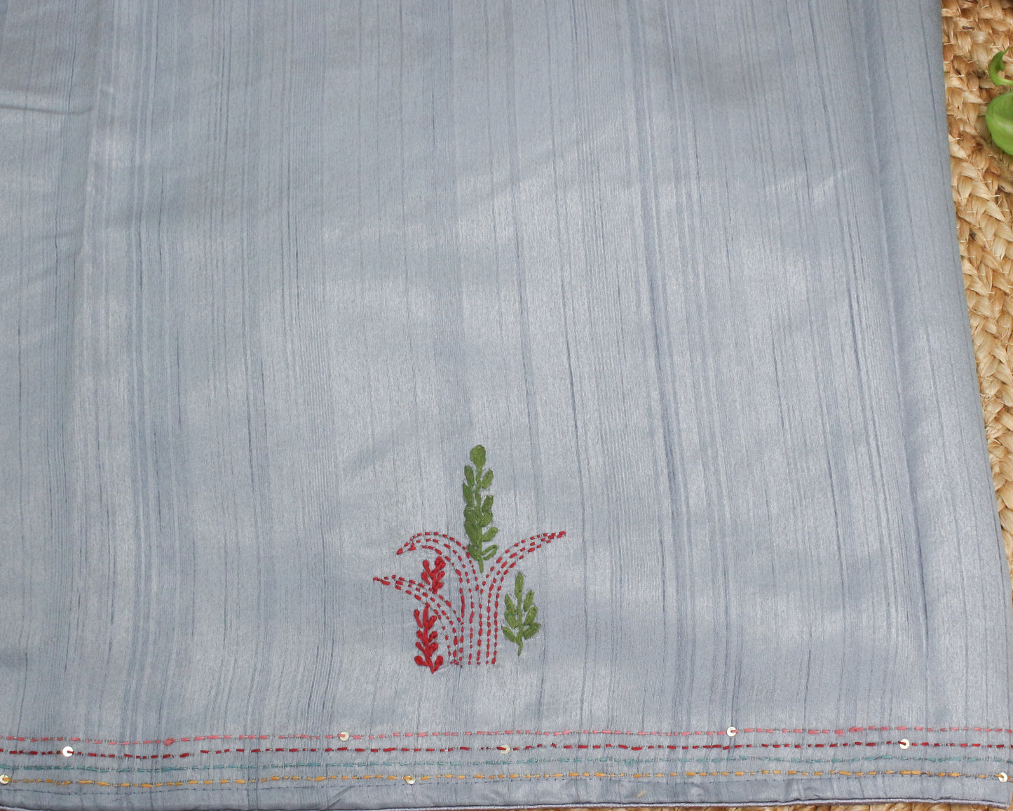 Elegant Handmade Thread Work sky Blue Saree – Floral Embroidery on Tussar