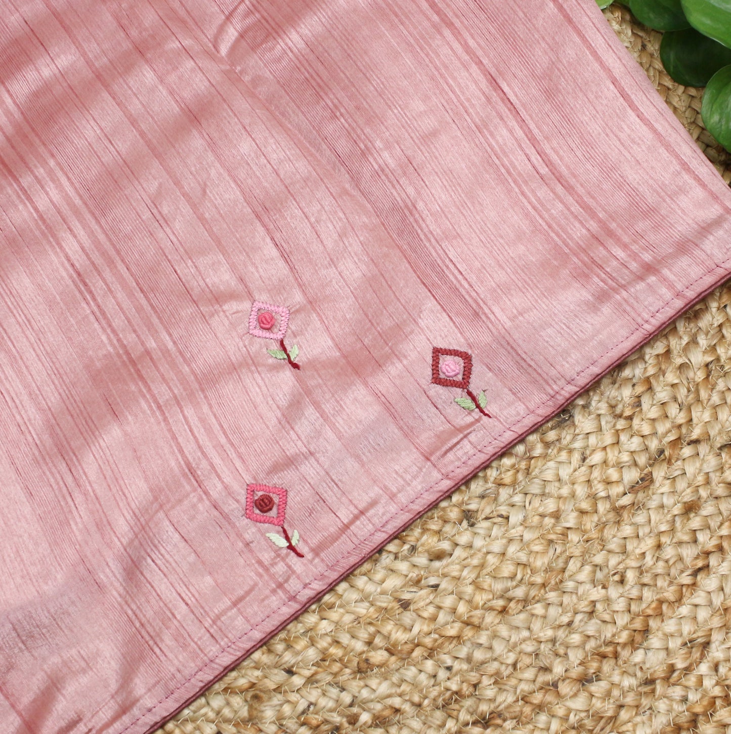 Pink Tussar Saree with Floral hand Embroidery