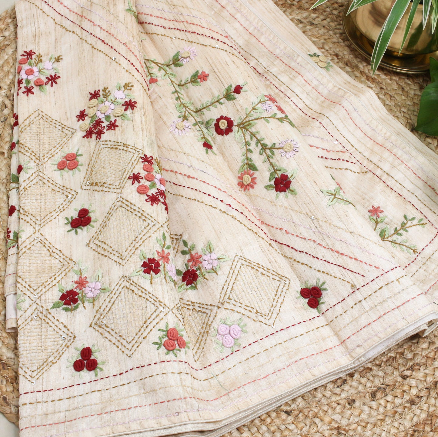 Elegant Handmade Thread Work sky Cream Saree – Floral Embroidery on Tussar