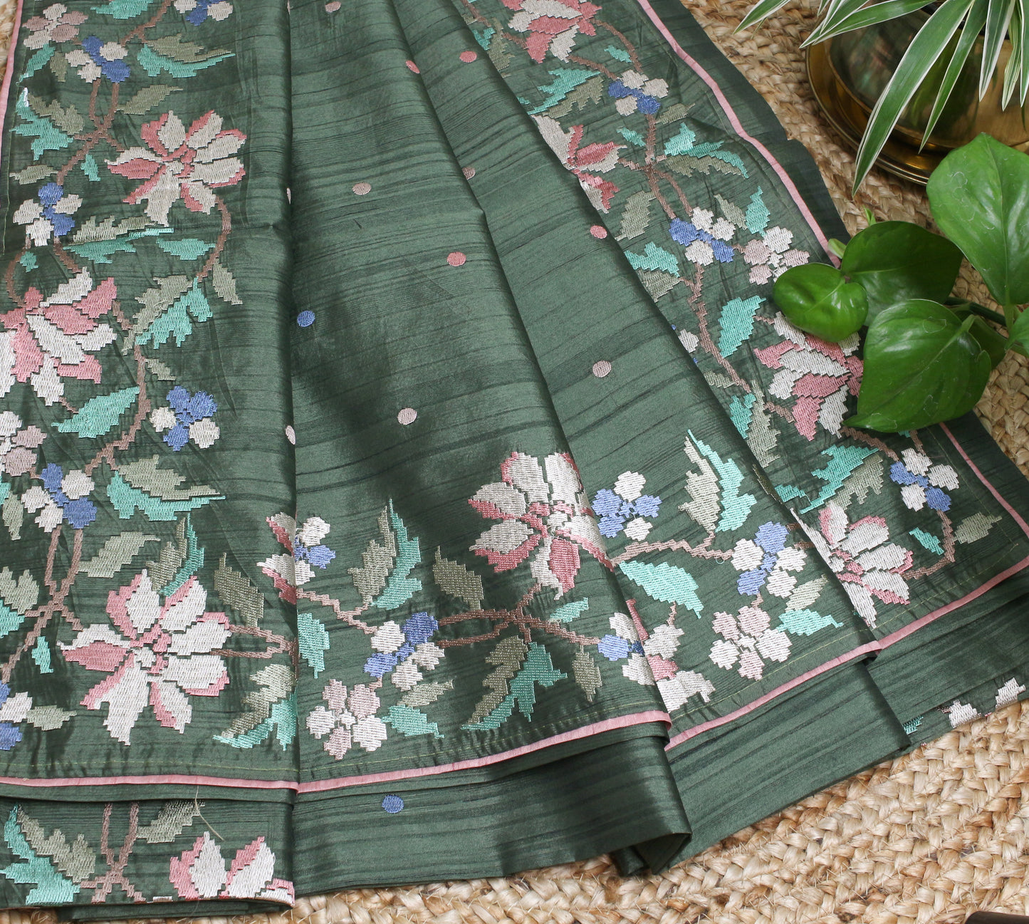 Henna Green tussar saree with Pastel Floral Machine Embroidery