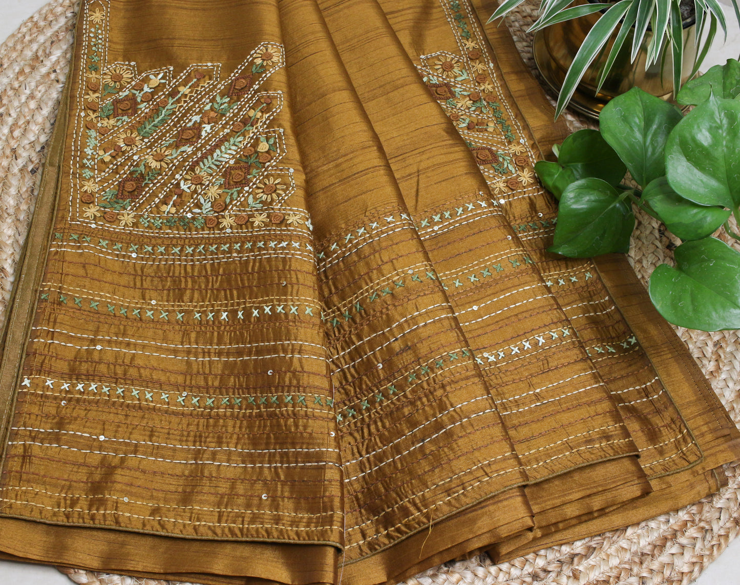 Mustard Brown Tussar Saree with Floral Embroidery