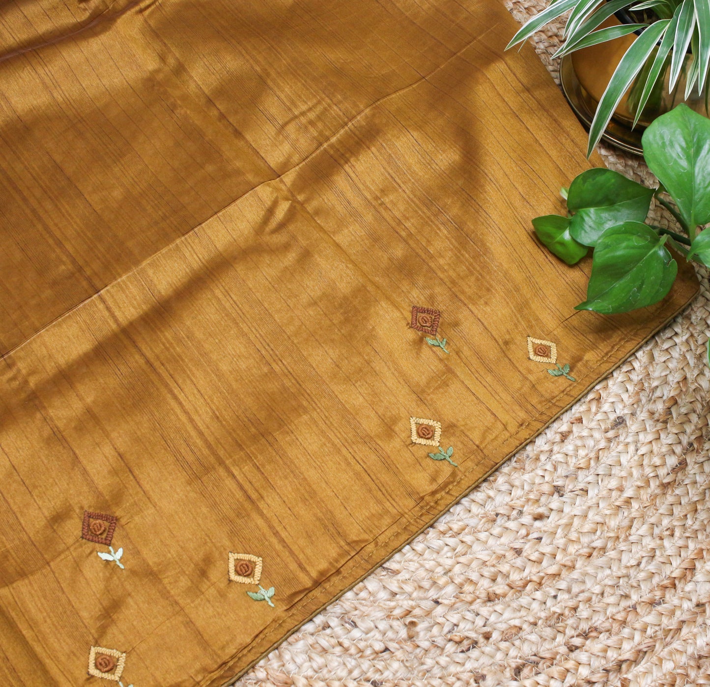 Mustard Brown Tussar Saree with Floral Embroidery