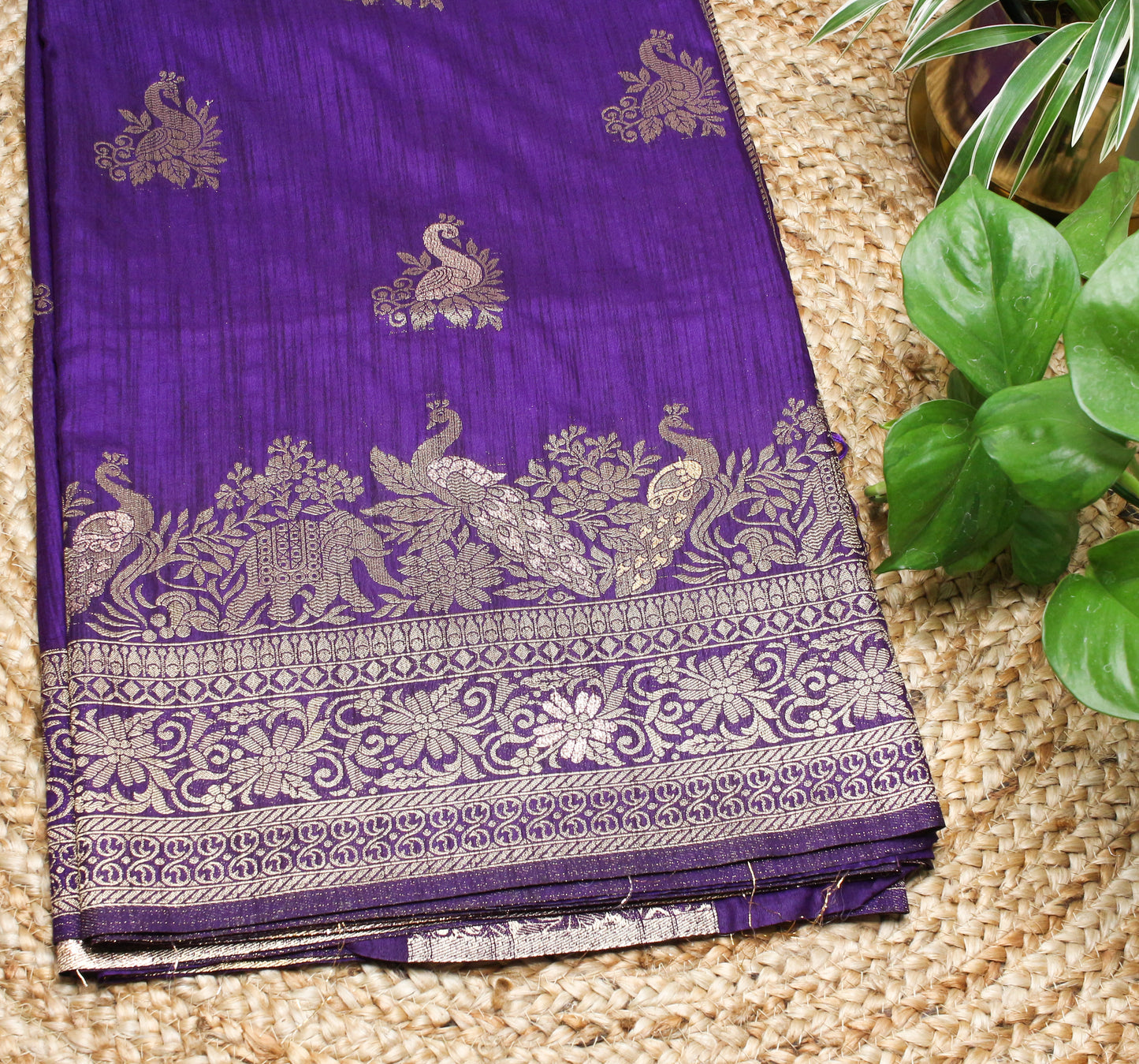 Royal Purple Banarasi Saree with Gold Zari Peacock & Elephant Motif