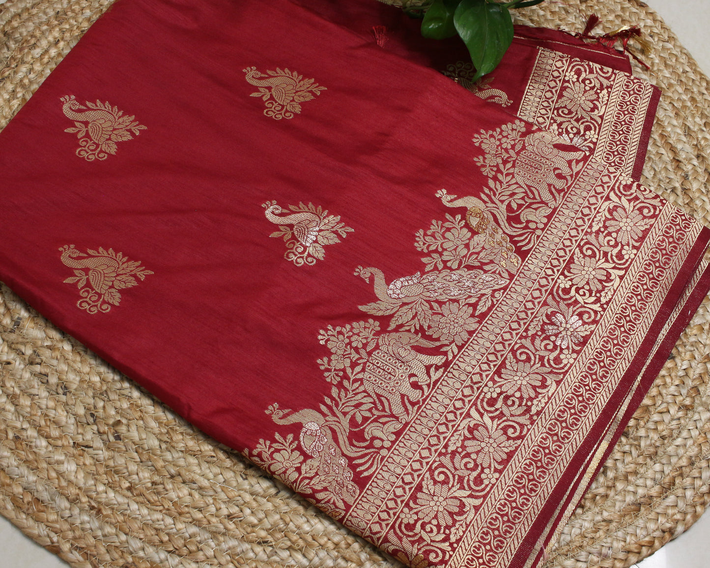 Brick red Banarasi Saree with Gold Zari Peacock & Elephant Motif