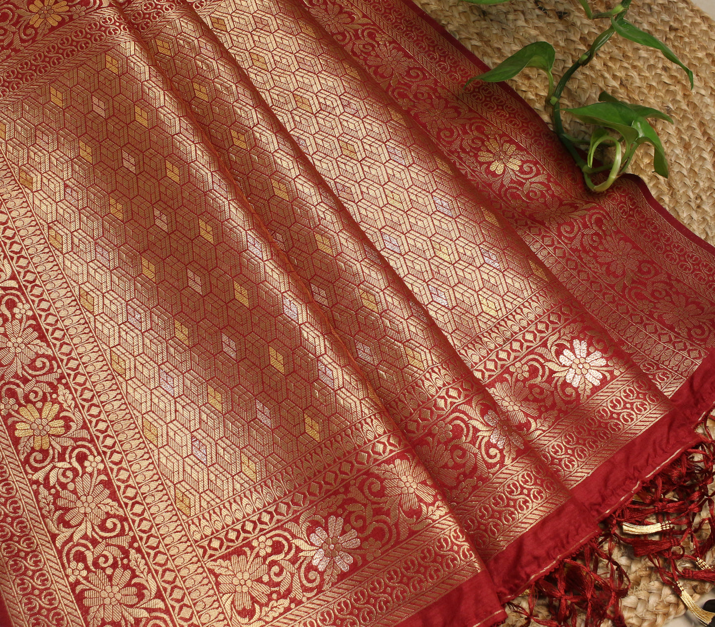 Brick red Banarasi Saree with Gold Zari Peacock & Elephant Motif