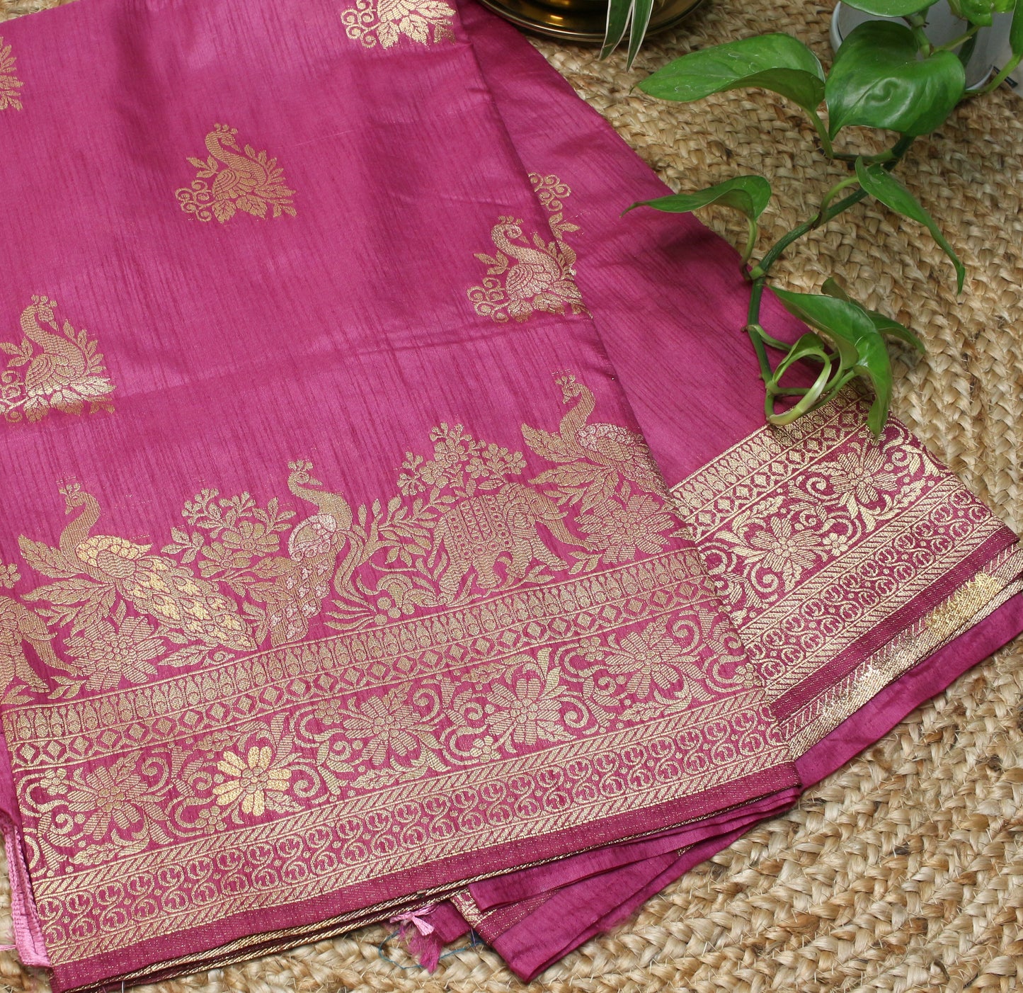 Onion Pink Banarasi Saree with Gold Zari Peacock & Elephant Motif