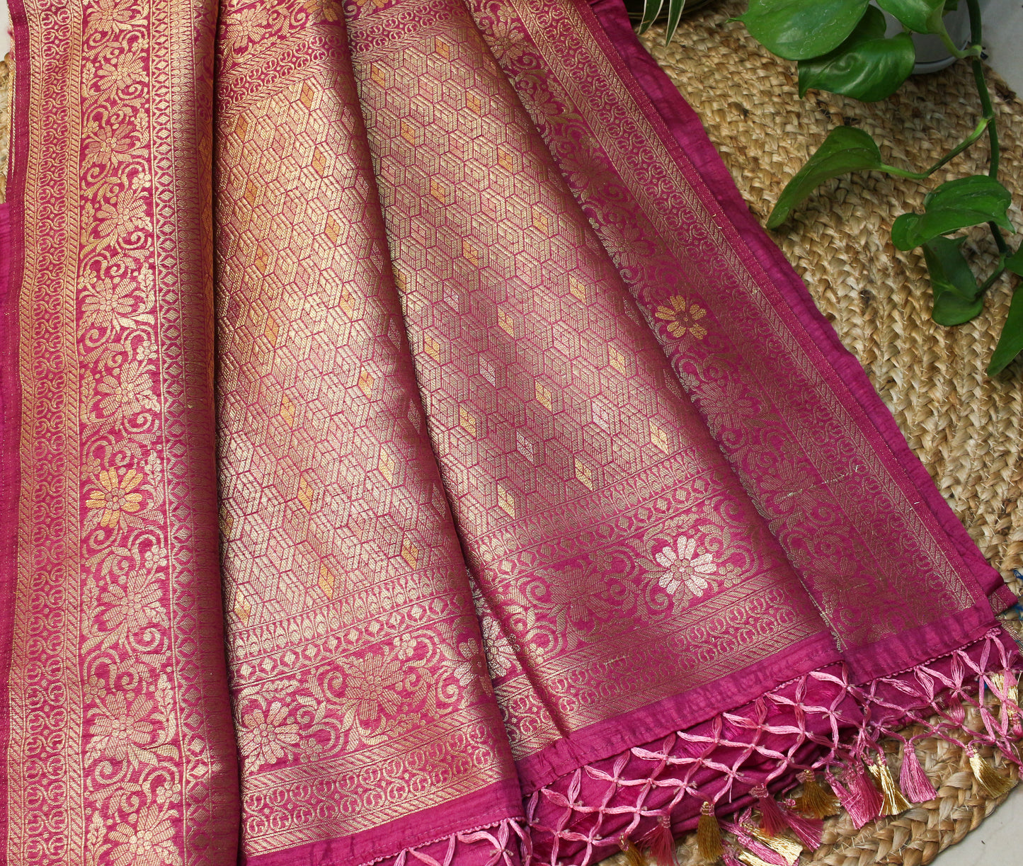 Onion Pink Banarasi Saree with Gold Zari Peacock & Elephant Motif