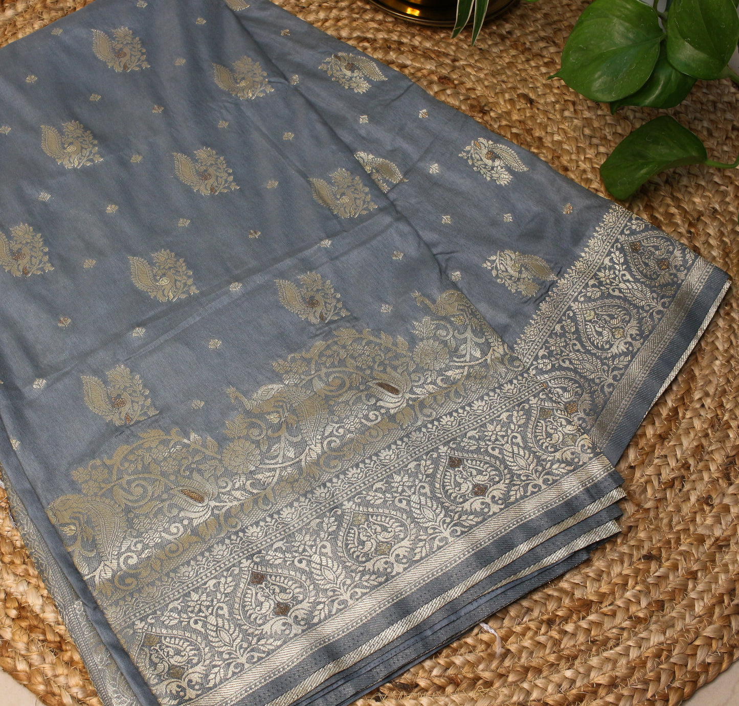 Elegant Steel Grey Banarasi Saree with Silver Zari Floral & Peacock Motifs