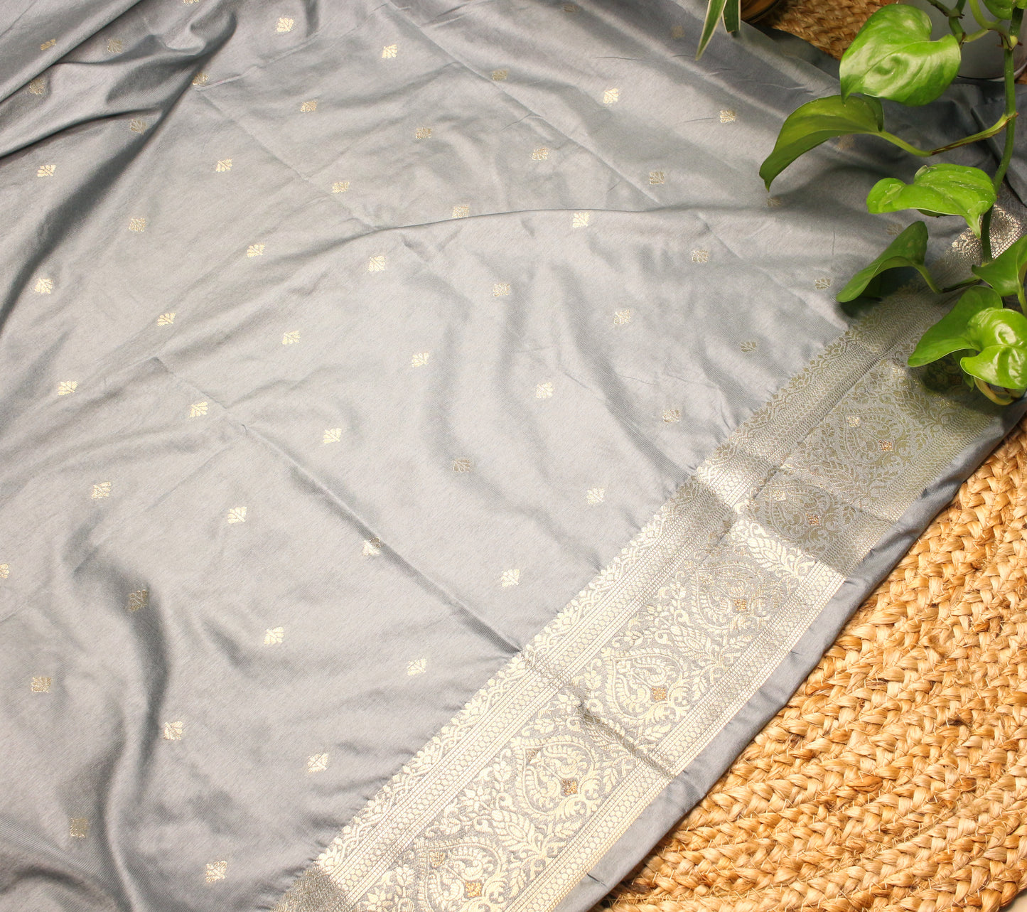 Elegant Steel Grey Banarasi Saree with Silver Zari Floral & Peacock Motifs