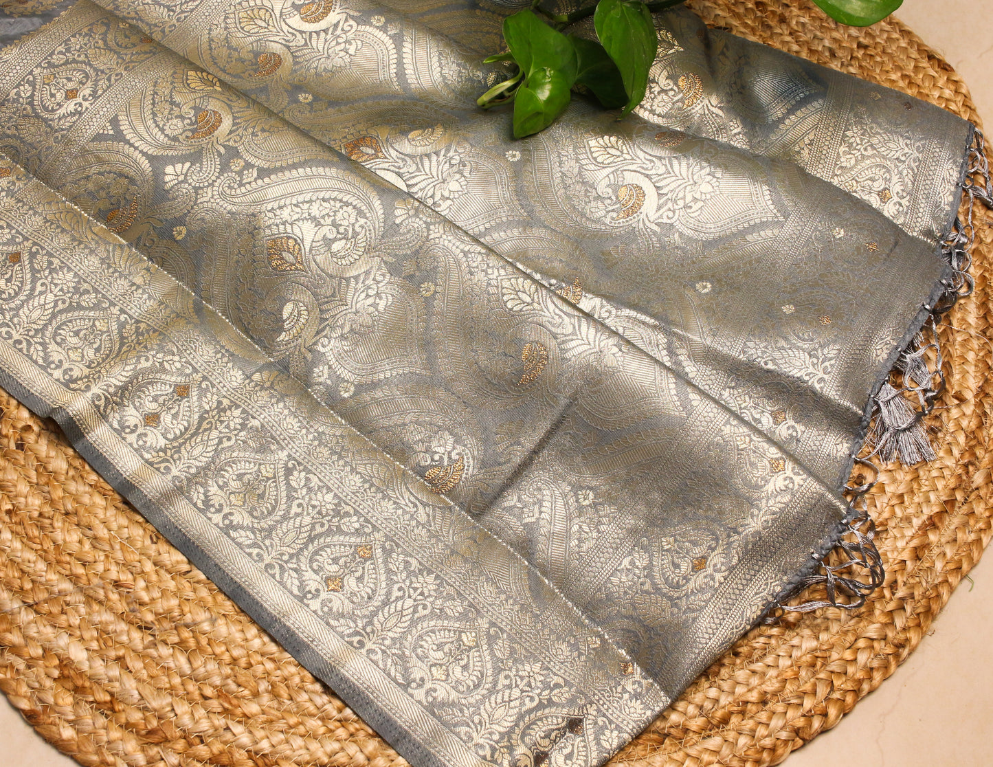 Elegant Steel Grey Banarasi Saree with Silver Zari Floral & Peacock Motifs