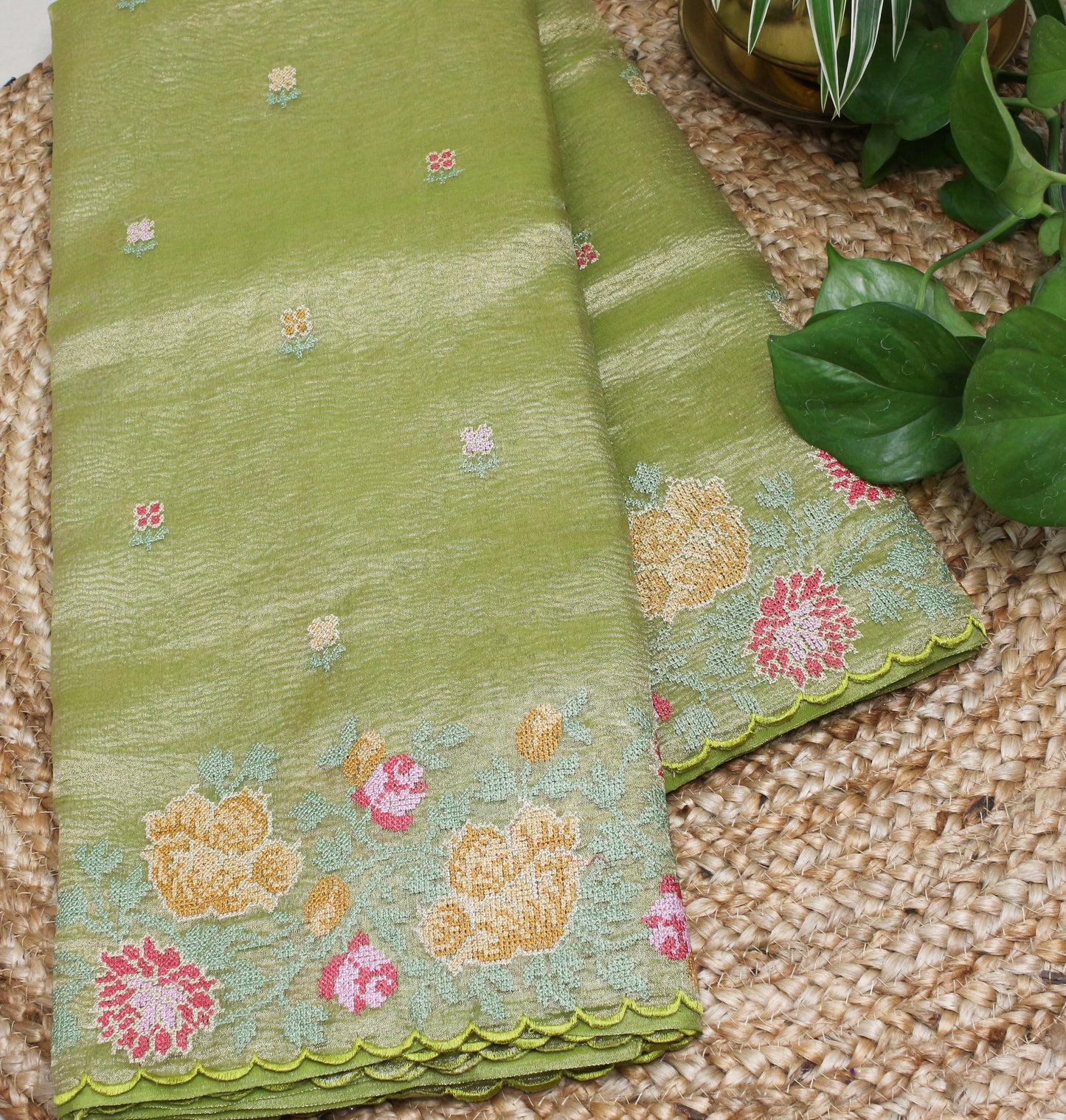 Elegant parrot green Gold Crush Tissue Saree with Floral Embroidery