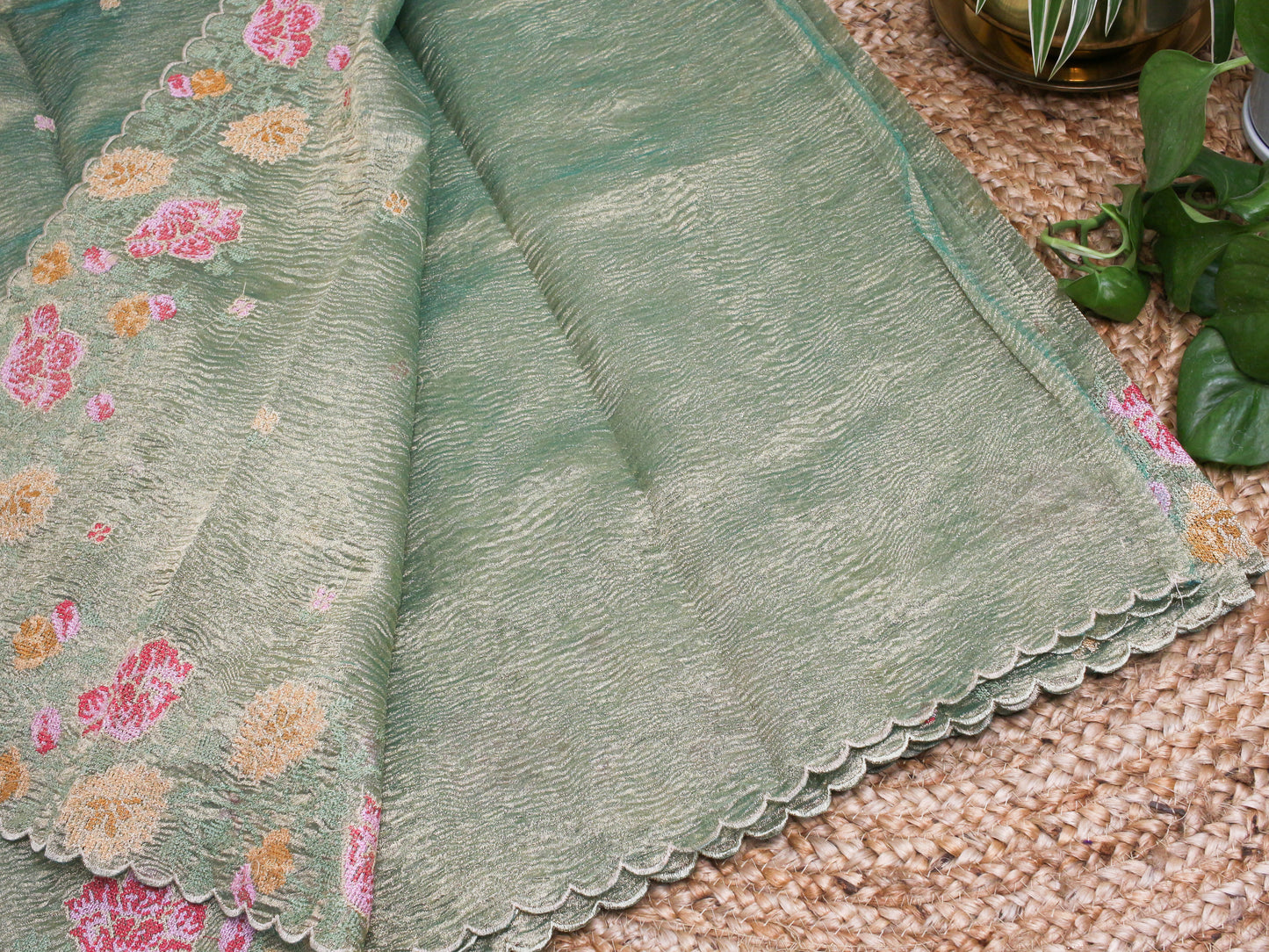 Elegant bottle green Gold Crush Tissue Saree with Floral Embroidery