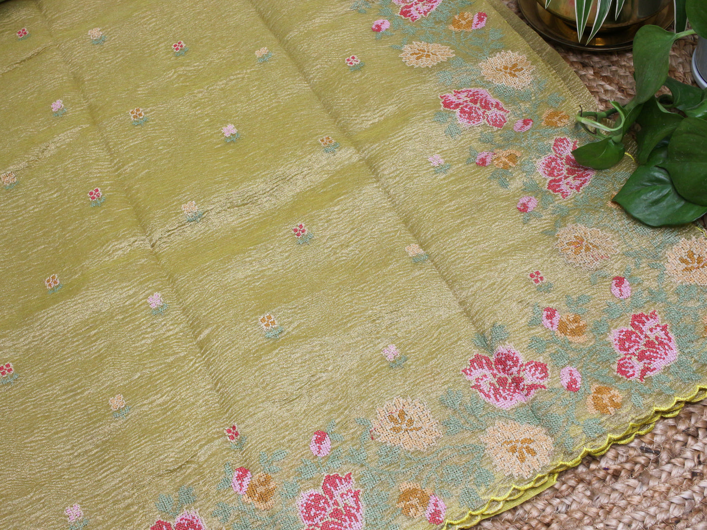 Elegant greenish yellow Gold Crush Tissue Saree with Floral Embroidery