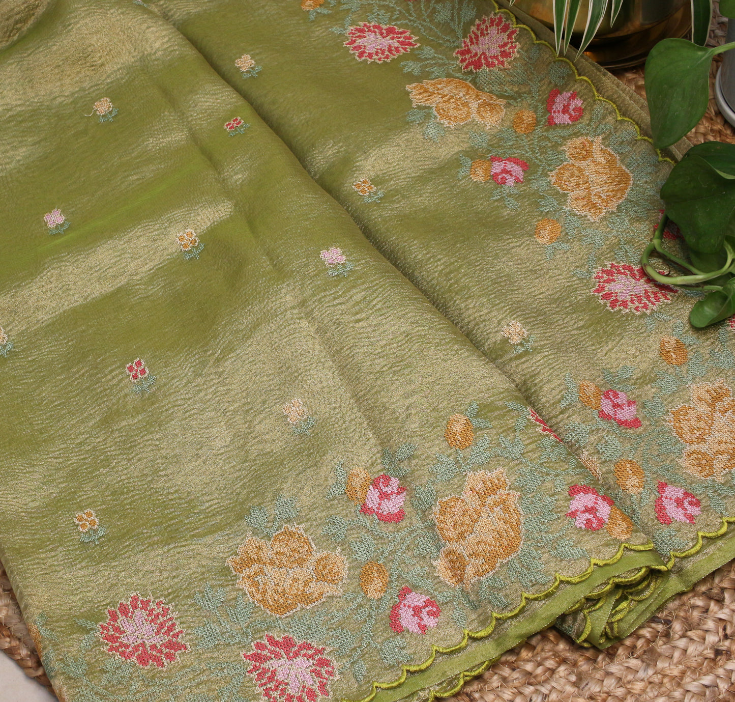Elegant parrot green Gold Crush Tissue Saree with Floral Embroidery
