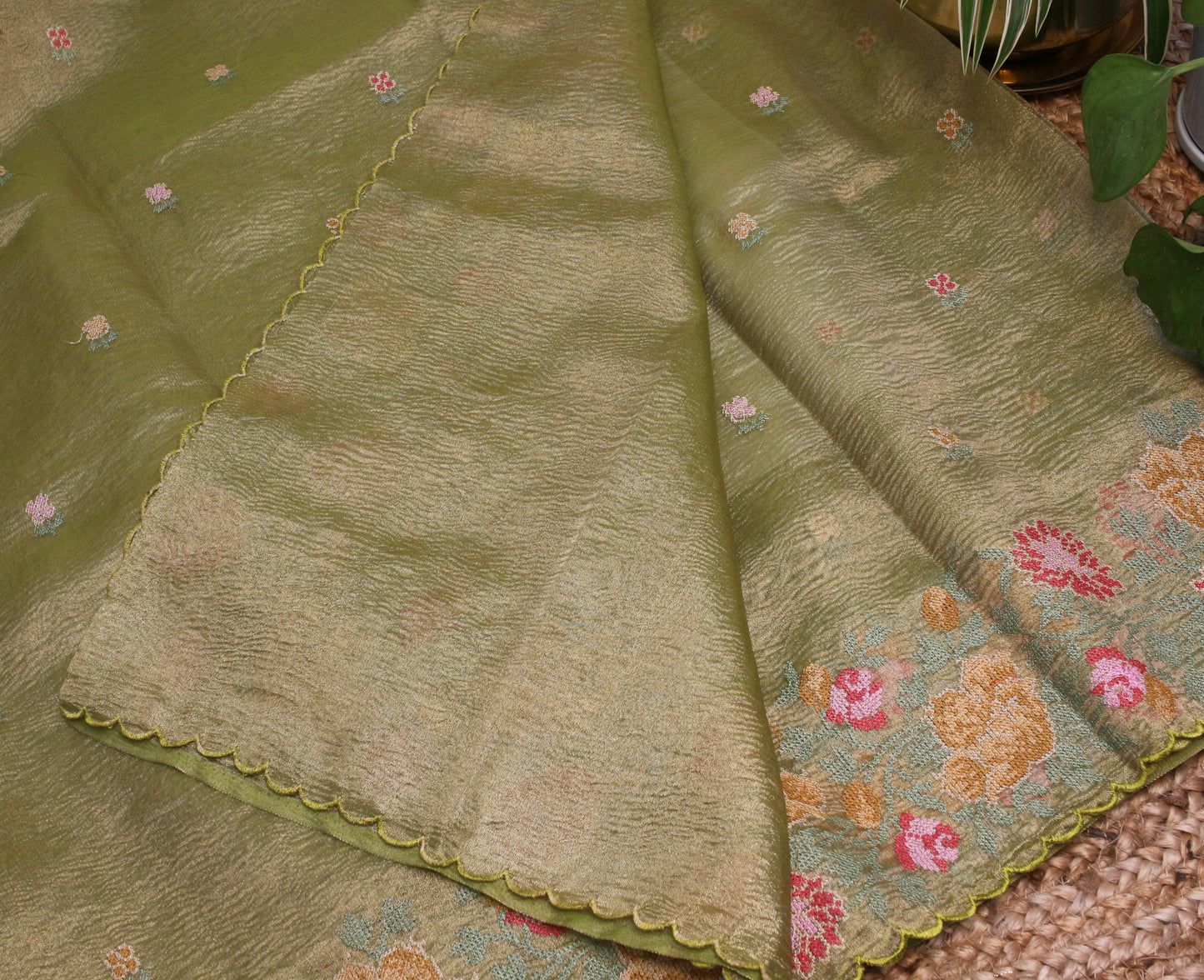 Elegant parrot green Gold Crush Tissue Saree with Floral Embroidery