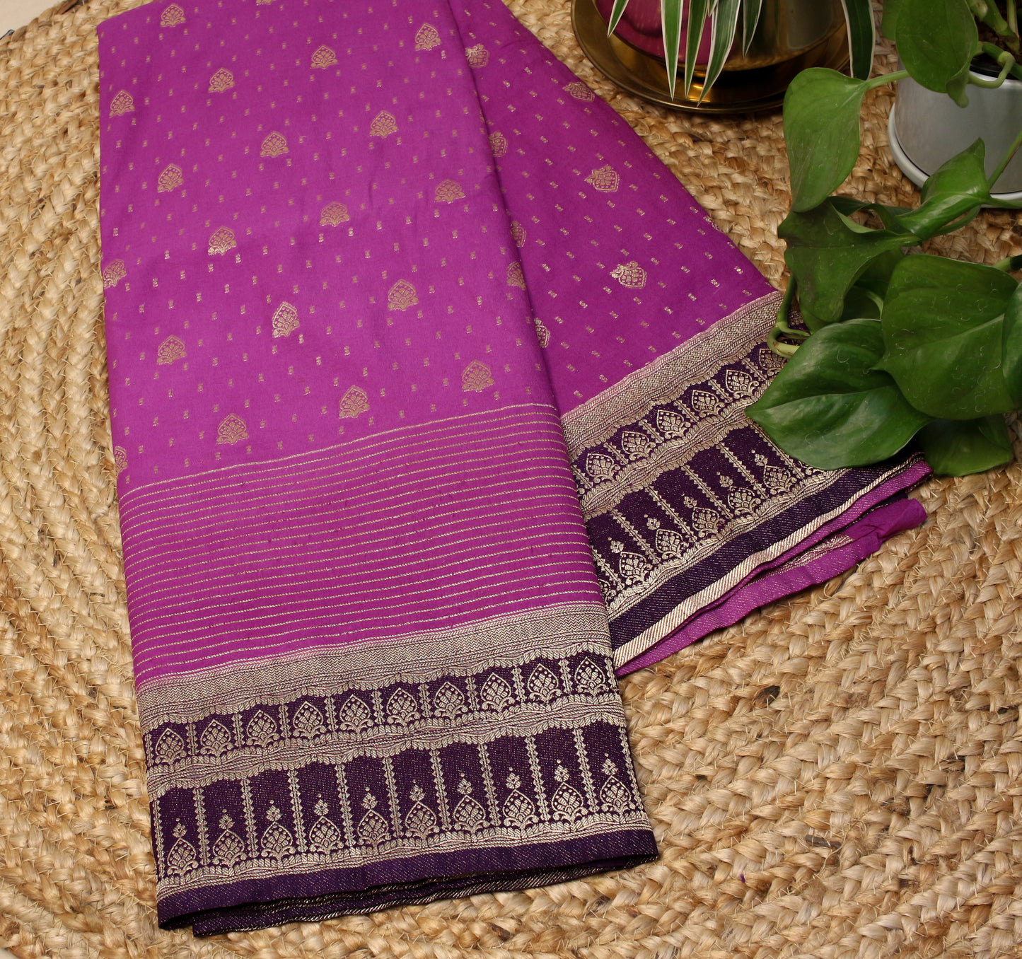 Royal Purple Soft Chinnon Banarasi Saree with Zari Border