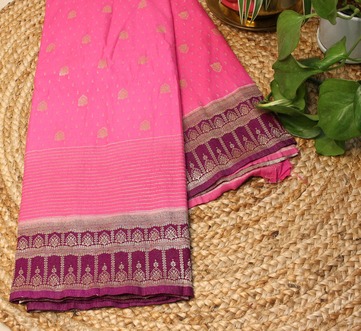 Pink Soft Chinnon Banarasi Saree with Zari Border