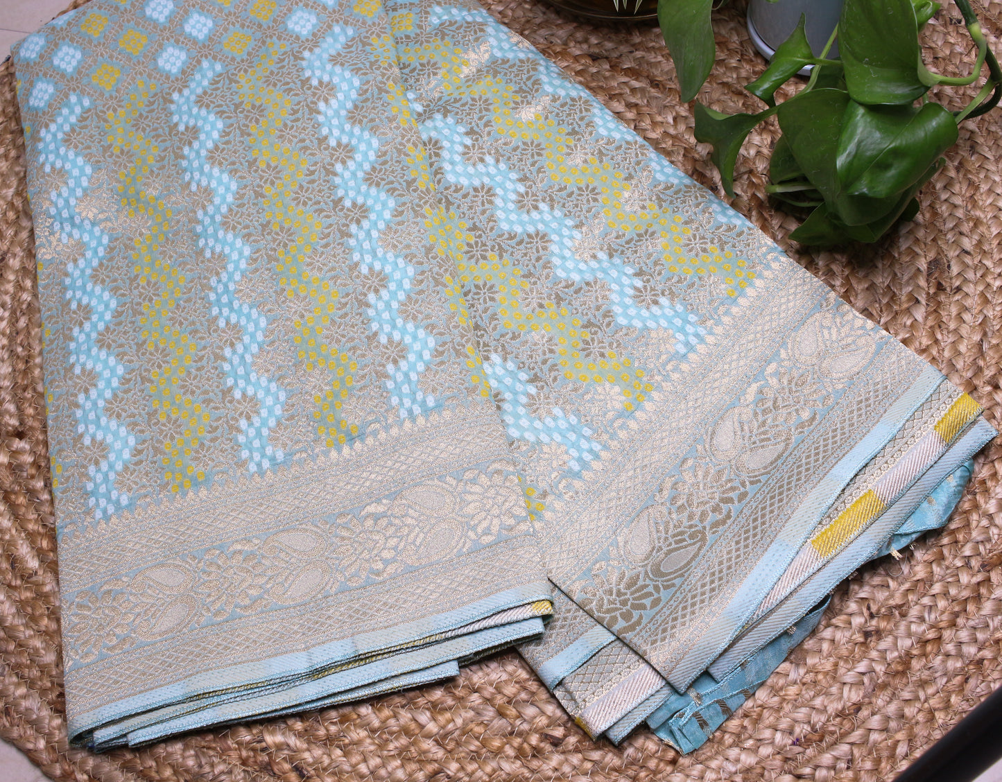 Elegant Sky Blue Banarasi Semi-Georgette Saree with Gold Zari Weaving