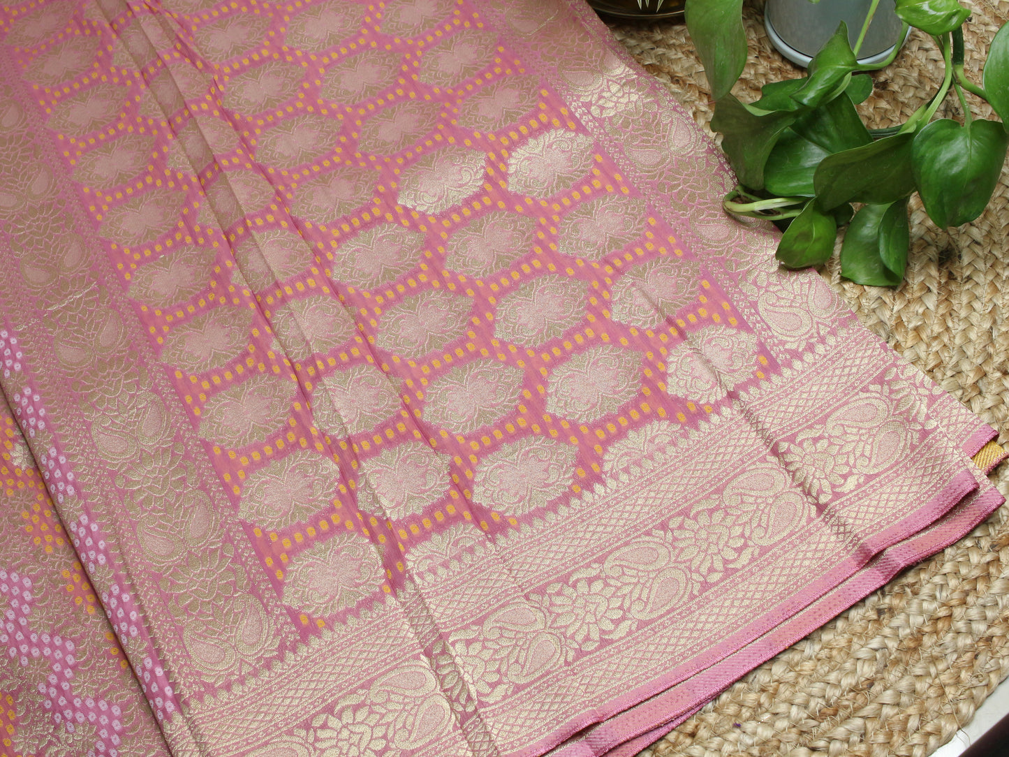 Elegant blush pink Banarasi Semi-Georgette Saree with Gold Zari Weaving