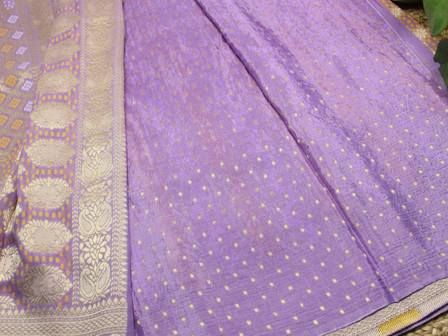Elegant lavender Banarasi Semi-Georgette Saree with Gold Zari Weaving