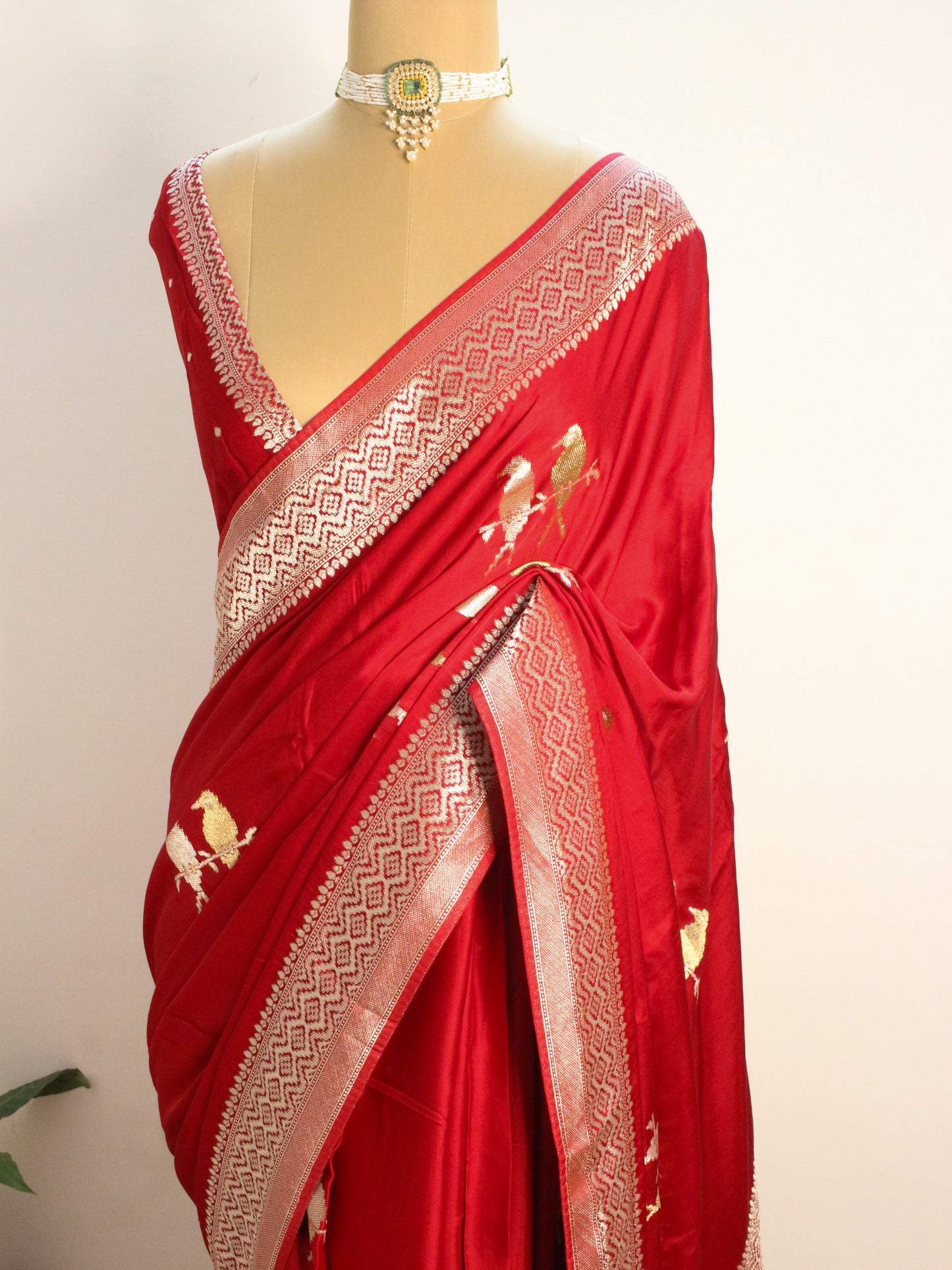 Red Banarasi Mashru Silk Saree with Silver and gold Zari bird Motifs