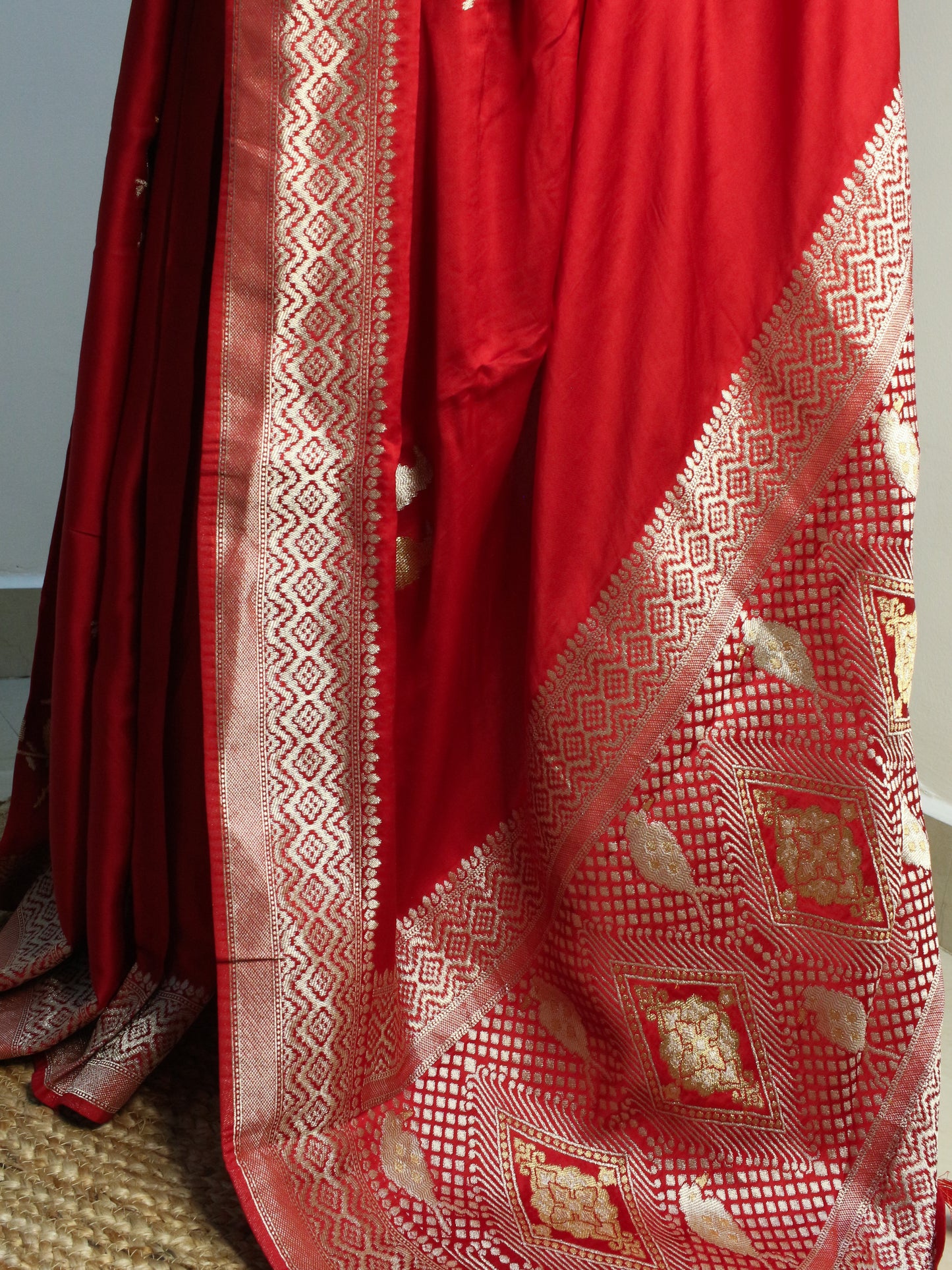 Red Banarasi Mashru Silk Saree with Silver and gold Zari bird Motifs