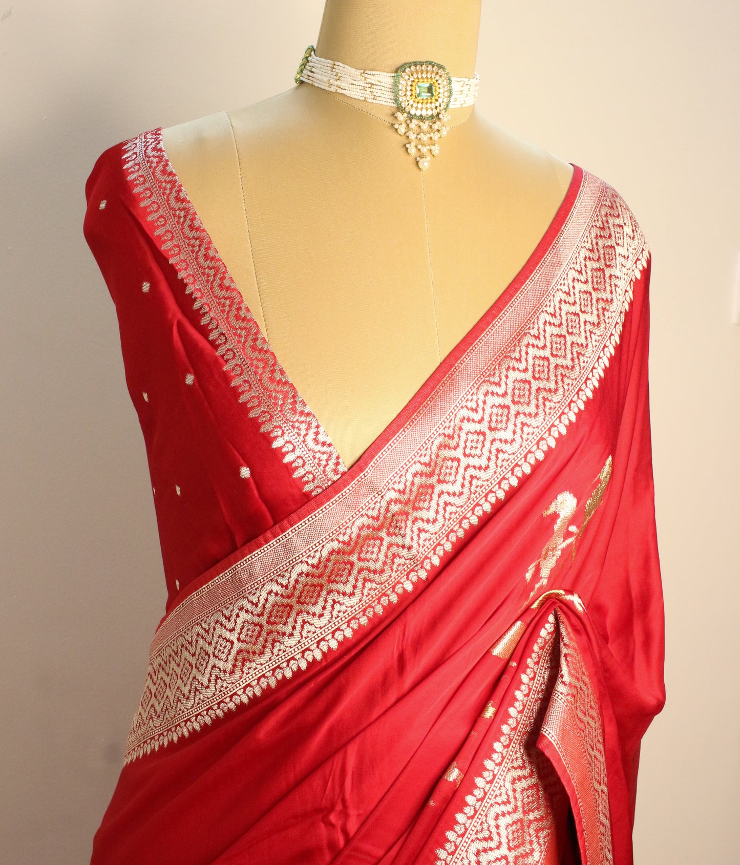 Red Banarasi Mashru Silk Saree with Silver and gold Zari bird Motifs