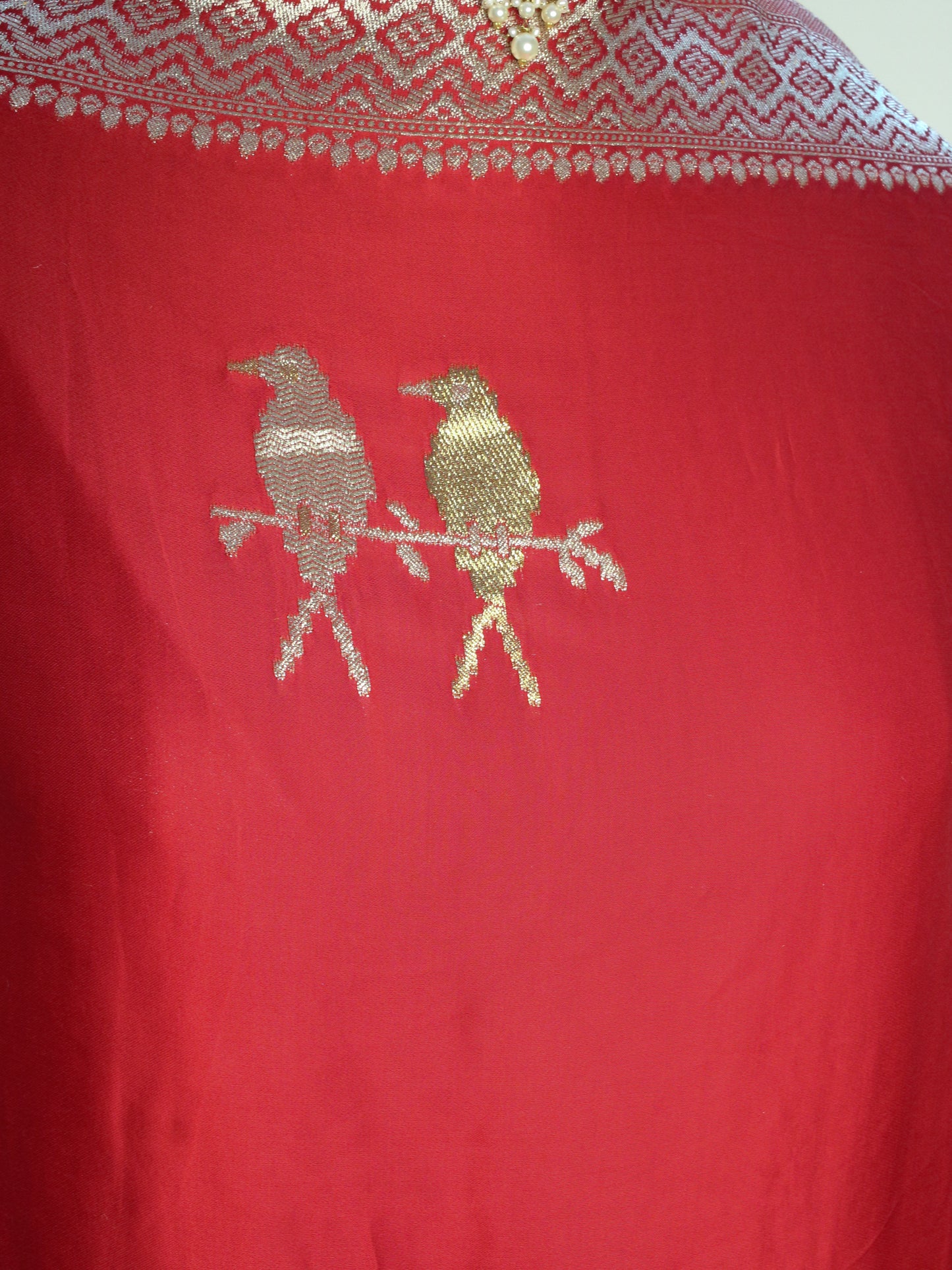 Red Banarasi Mashru Silk Saree with Silver and gold Zari bird Motifs